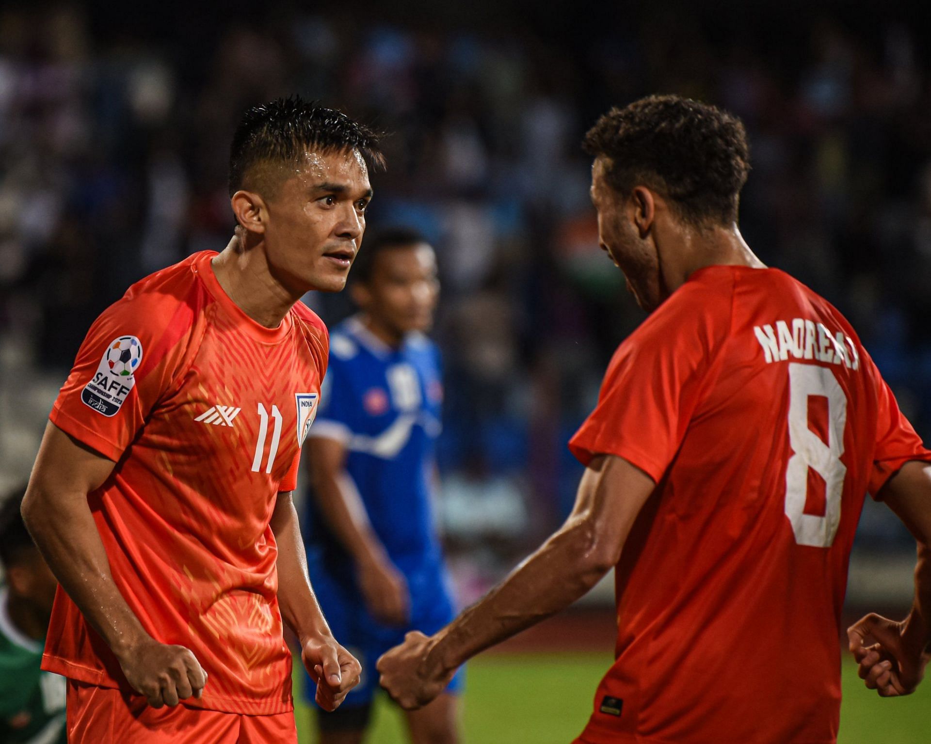 Chhetri with his teammate celebrates a goal against Nepal on Saturday [Image: ISL]