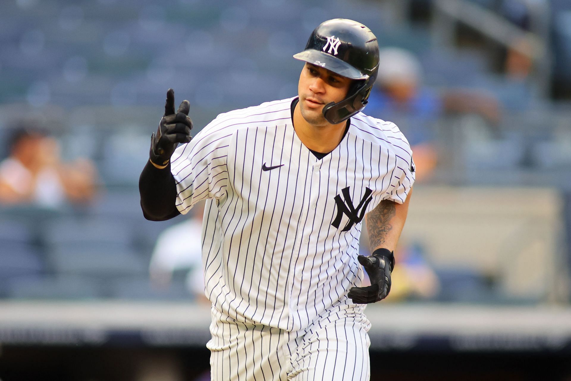 Minnesota Twins v New York Yankees: NEW YORK, NEW YORK - SEPTEMBER 13: Gary Sanchez #24 of the New York Yankees celebrates after hitting a walk-off single in the bottom of the tenth inning against the Minnesota Twins at Yankee Stadium on September 13, 2021 in New York City. (Photo by Mike Stobe/Getty Images)