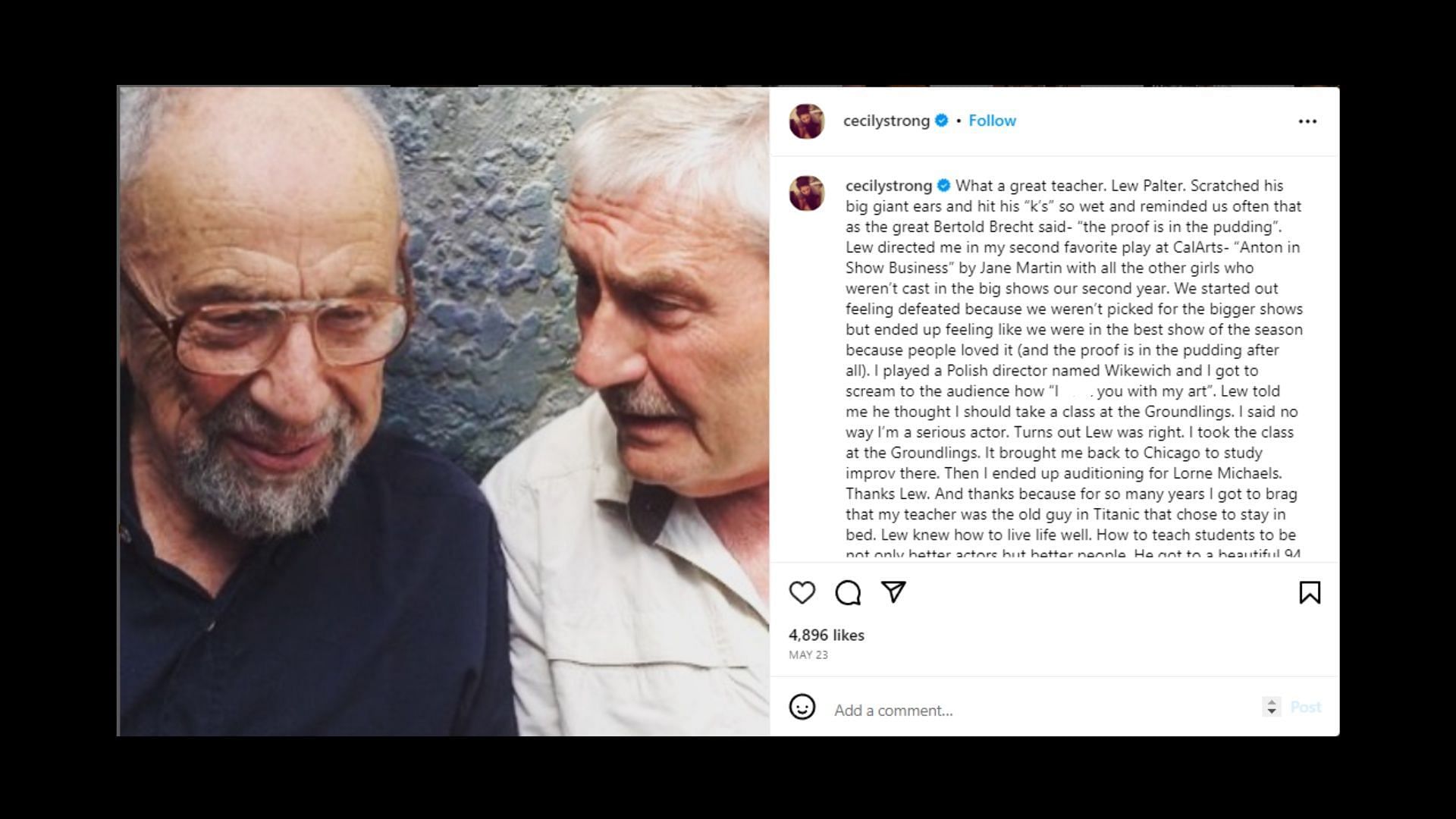 Cecily Strong shared a tribute post for Lew Palter (Image via cecilystrong/Instagram)