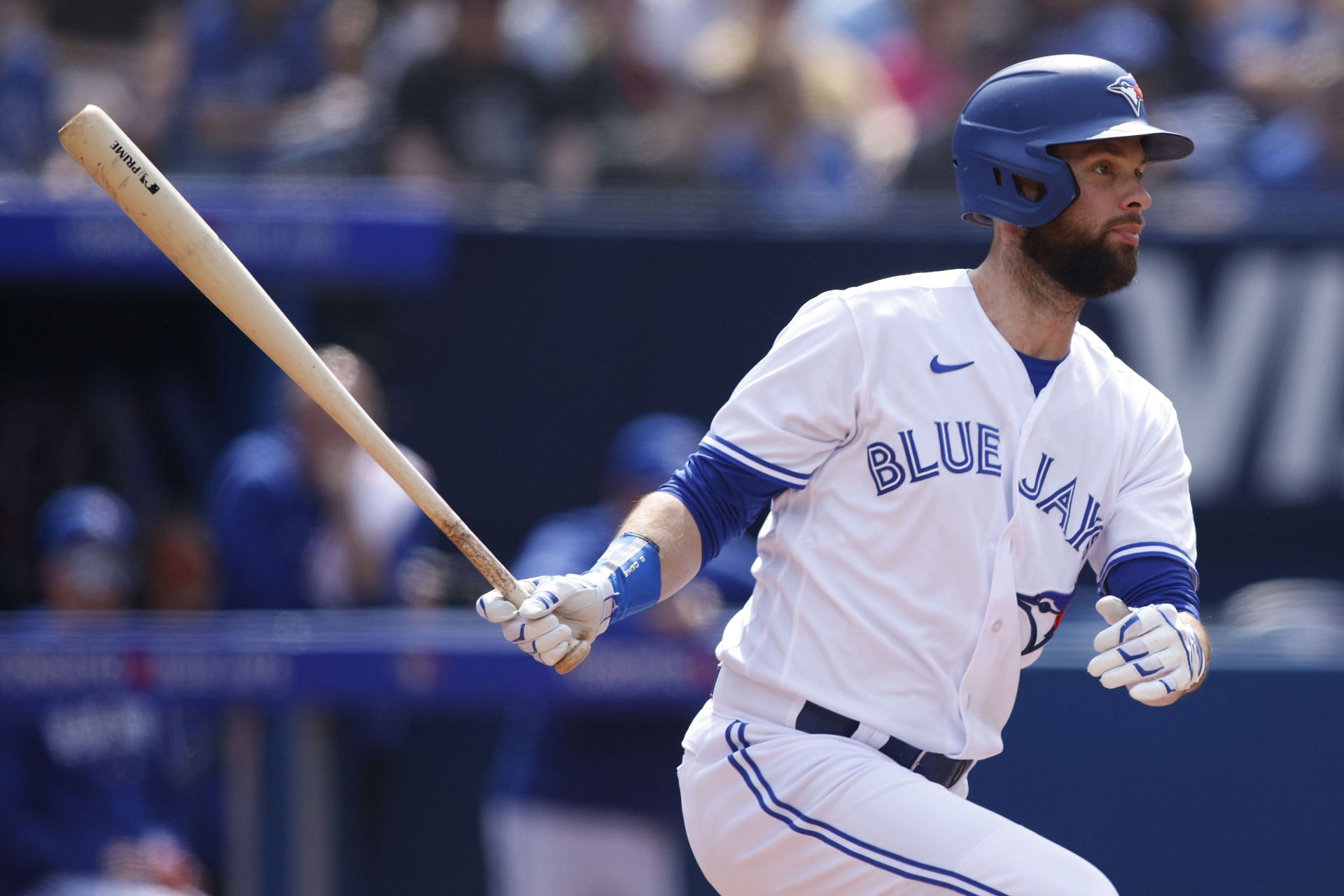 Brandon Belt #13 of the Toronto Blue Jays hits a double in the third inning of their MLB game against the Minnesota Twins at Rogers Centre on June 10, 2023