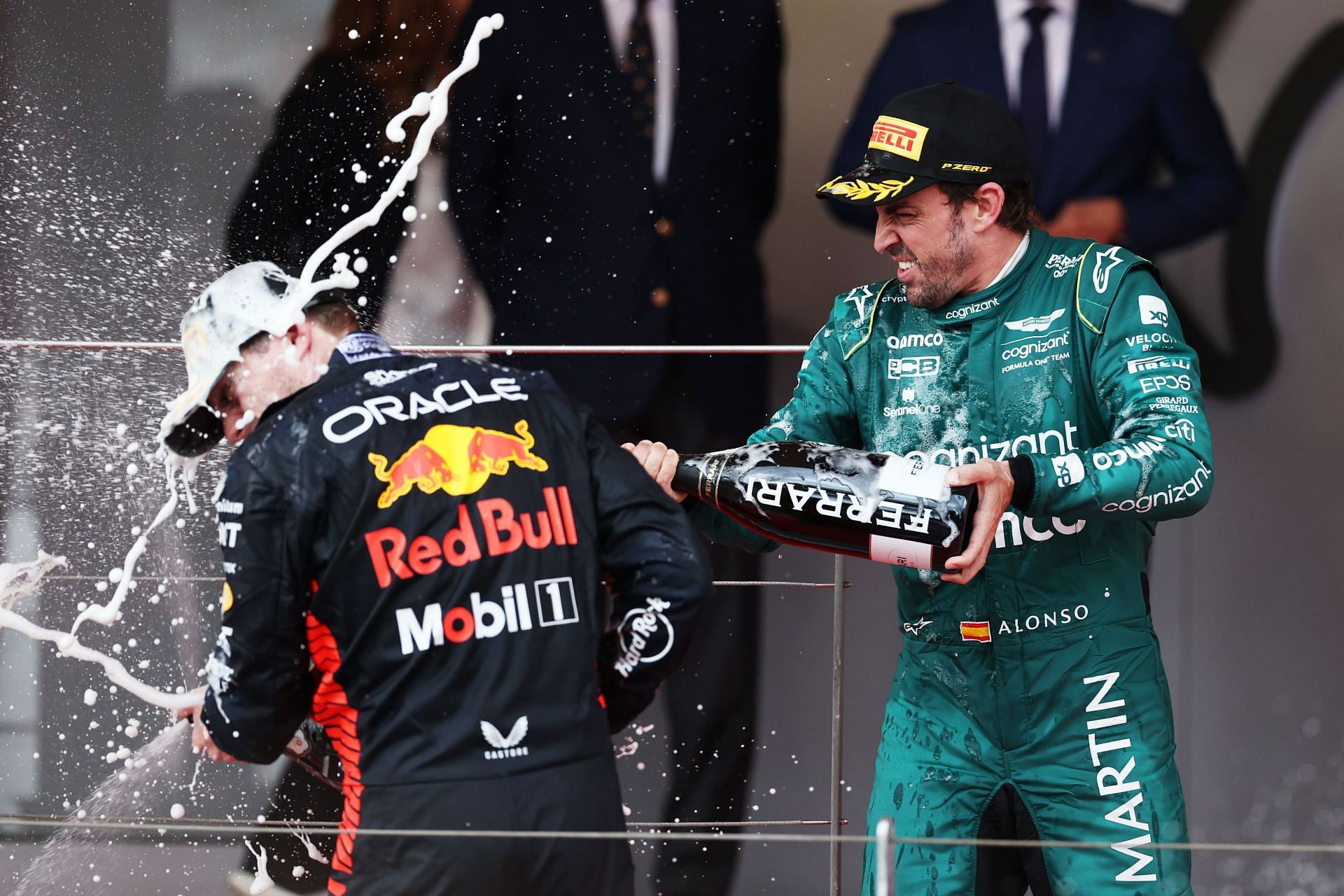 Max Verstappen (race winner) celebrating with Fernando Alonso (P2) in Monaco (Photo by Ryan Pierse/Getty Images)