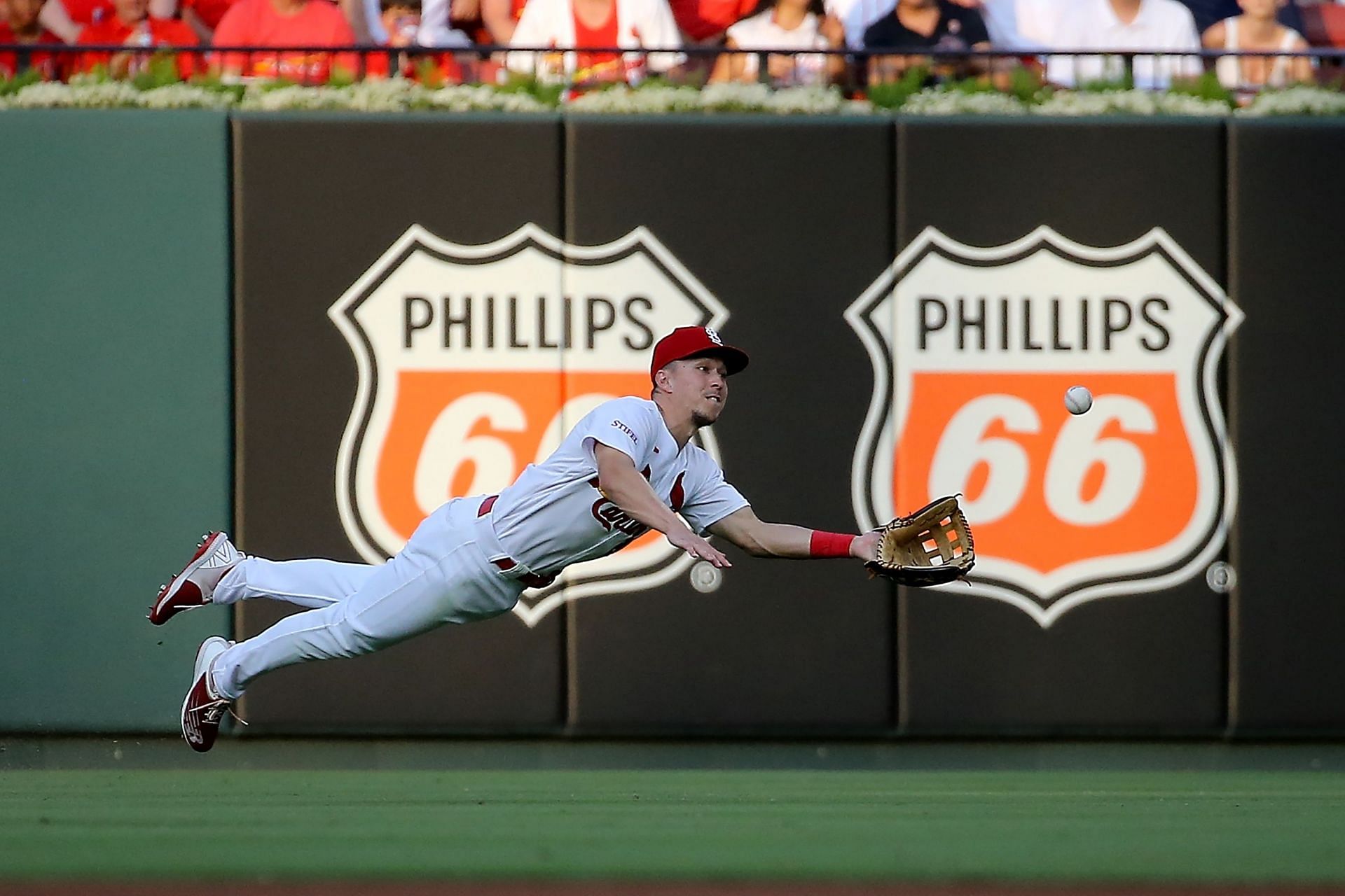 Houston Astros v Cardinals: ST. LOUIS, MO - JUNE 29: Tommy Edman #19 of the St. Louis Cardinals makes a diving catch during the fourth inning against the Houston Astros at Busch Stadium on June 29, 2023 in St. Louis, Missouri. (Photo by Scott Kane/Getty Images)
