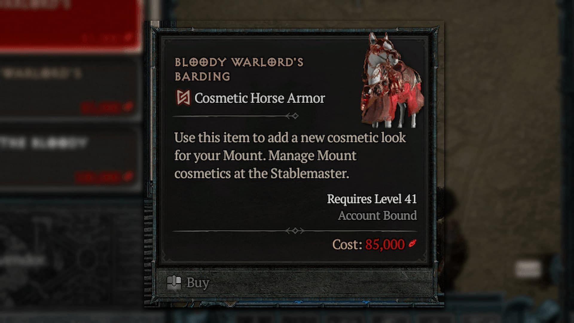 The Bloody Warlord&#039;s Barding can be purchased after earning enough Red Dust (Image via Blizzard)
