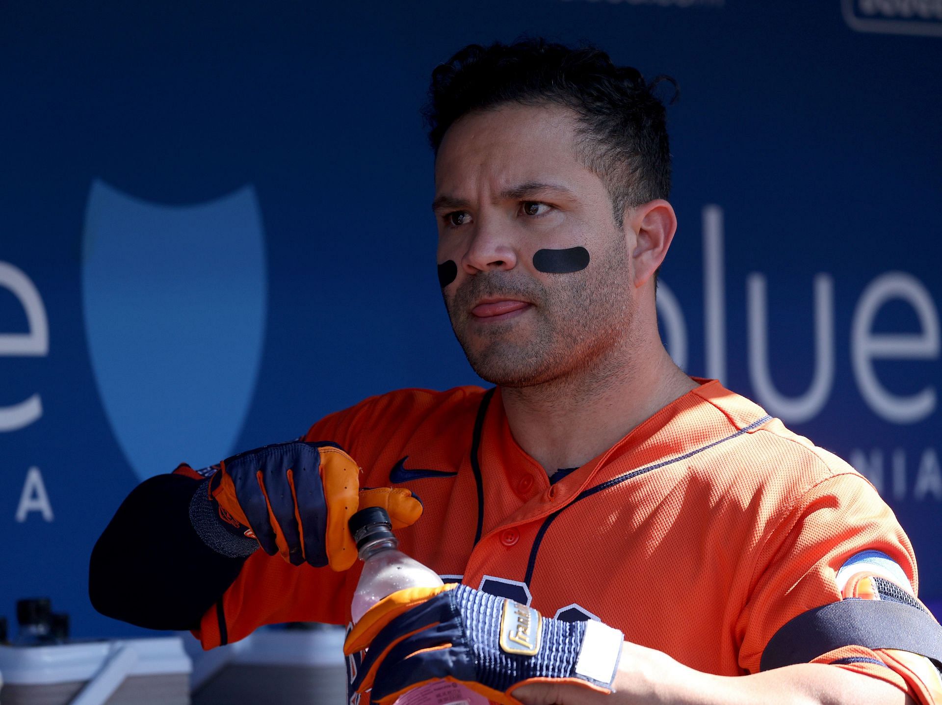 Jose Altuve of the Houston Astros in the dugout before the game against the Los Angeles Dodgers at Dodger Stadium