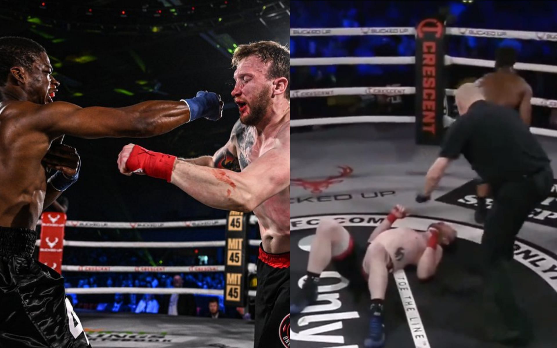 Dorian Long punching Mark Johnson (left) and Dorain Long with an offensive celebration (right) (Image credits @CombatPress and @JohnMorgan_MMA on Twitter)