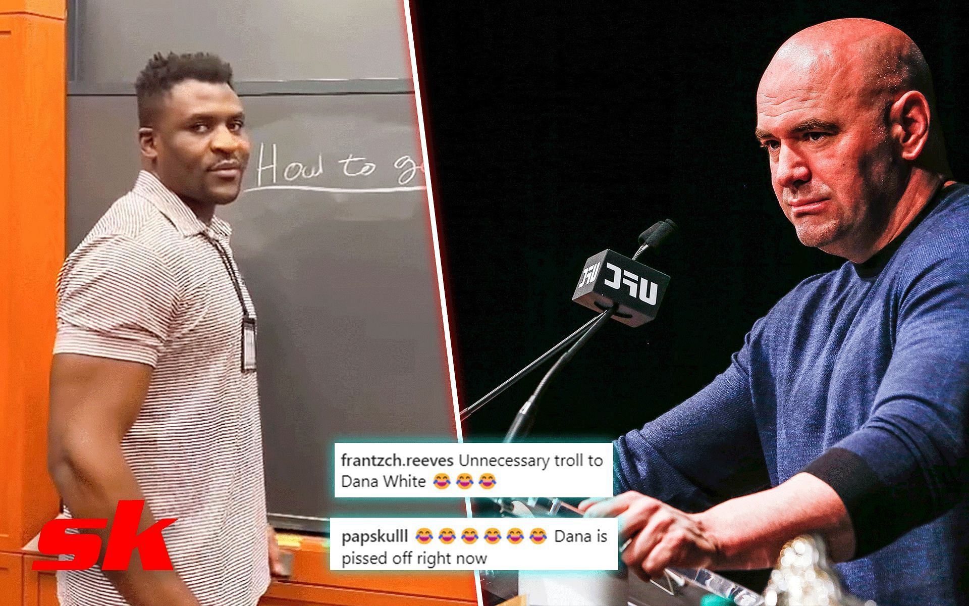 Francis Ngannou (left) and Dana White (right) [Image credits: Getty Images, @francisngannou and @harvardhbs on Instagram]