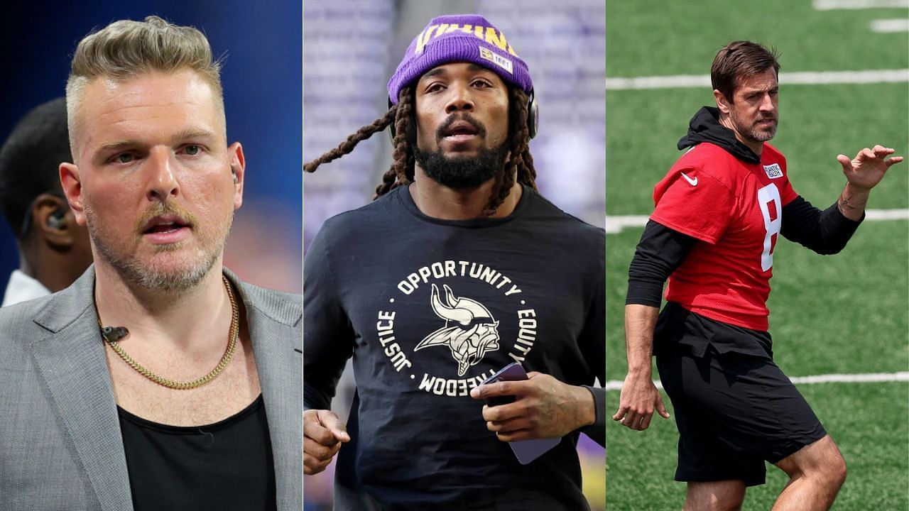 Pat McAfee thinks Dalvin Cook should join Aaron Rodgers at the New York Jets - left and right images via Getty, middle image via USA Today