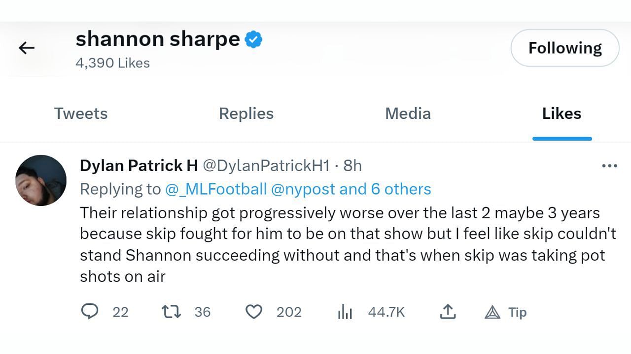 Shannon Sharpe liked this tweet summarizing what allegedly happened between him and Skip Bayless. (Image credit: Twitter/DylanPatrickH1)