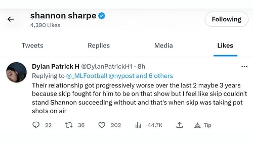 Shannon Sharpe liked this tweet summarizing what allegedly happened between him and Skip Bayless. (Image credit: Twitter/DylanPatrickH1)