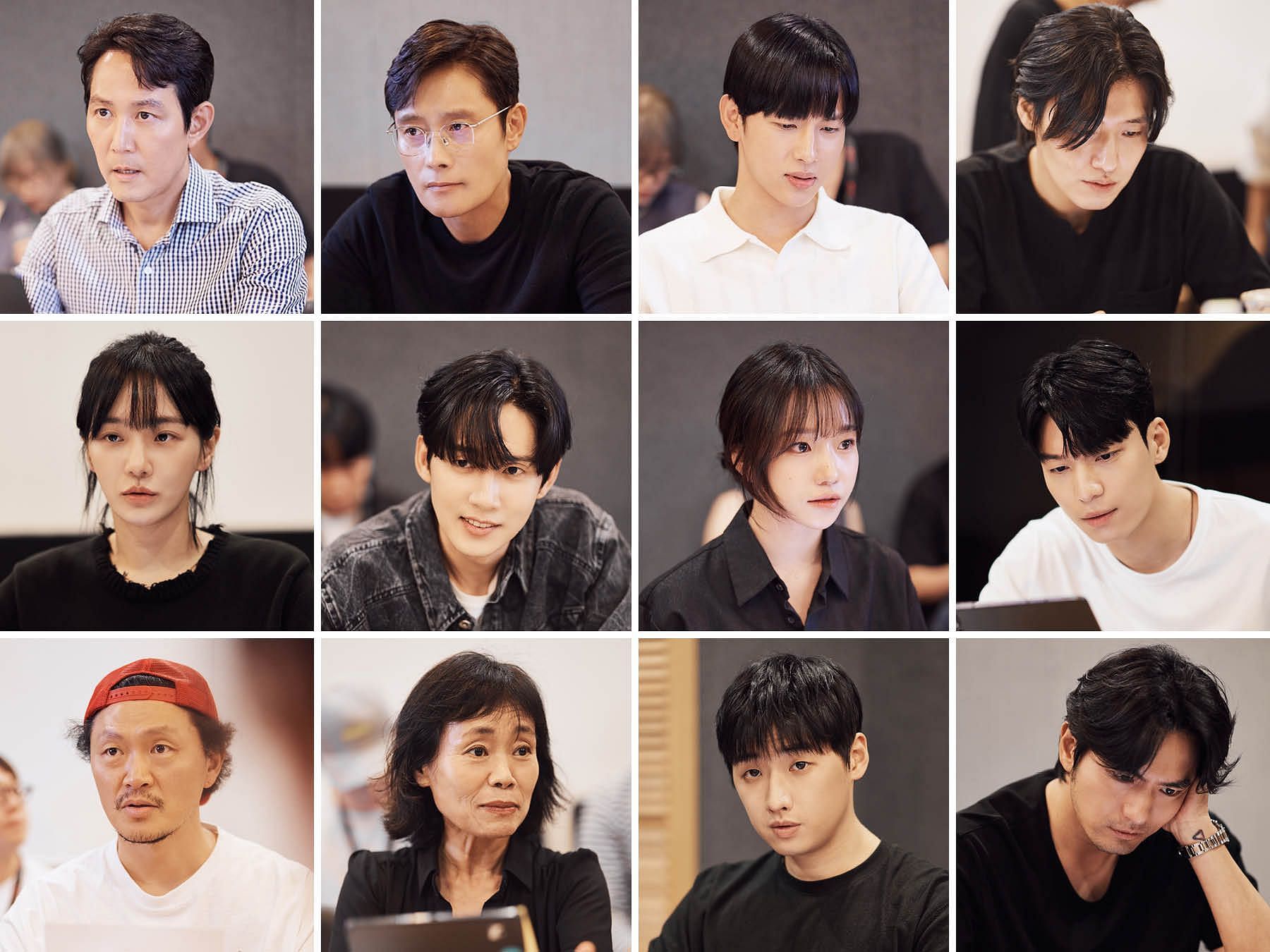 Top row from left: Lee Jung-jae, Lee Byung-hun, Yim Si-wan, Kang Ha-neul Second row from left: Park Gyu-young, Park Sung-hoon, Jo Yu-ri, Wi Ha-jun Third row from left: Yang Dong-geun, Kang Ae-sim, Lee David, Lee Jin-uk (Source: Netflix)