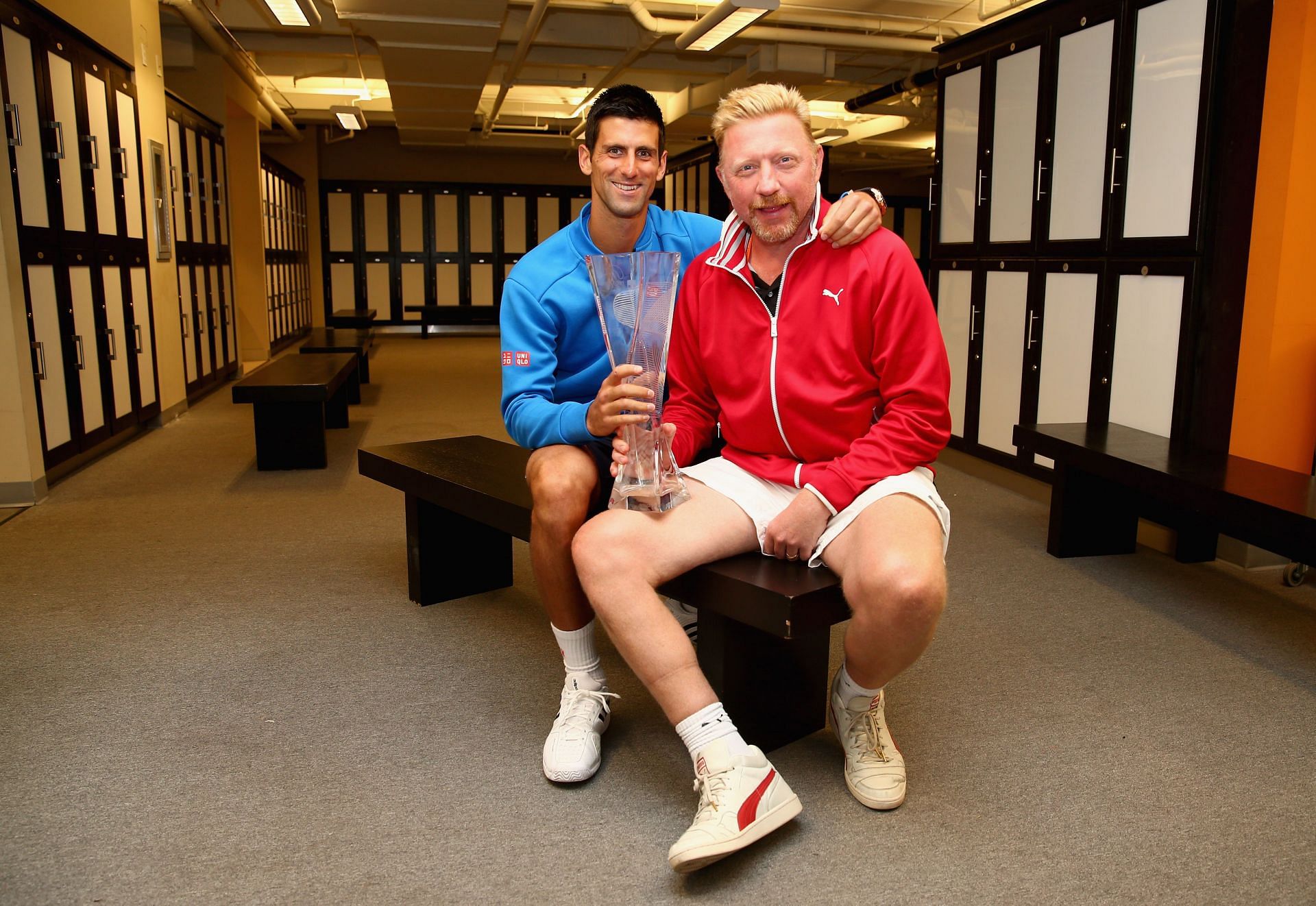 Novak Djokovic and Boris Becker at the 2015 Miami Open.
