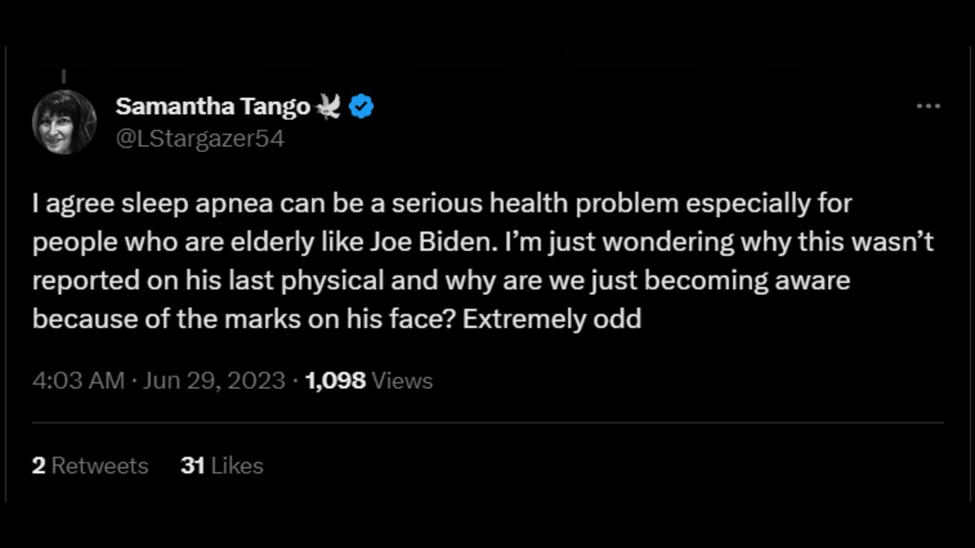 A Twitter user questions why Joe Biden&#039;s sleep apnea was not reported during his last medical exam. (Image via Twitter/Samantha Tango)