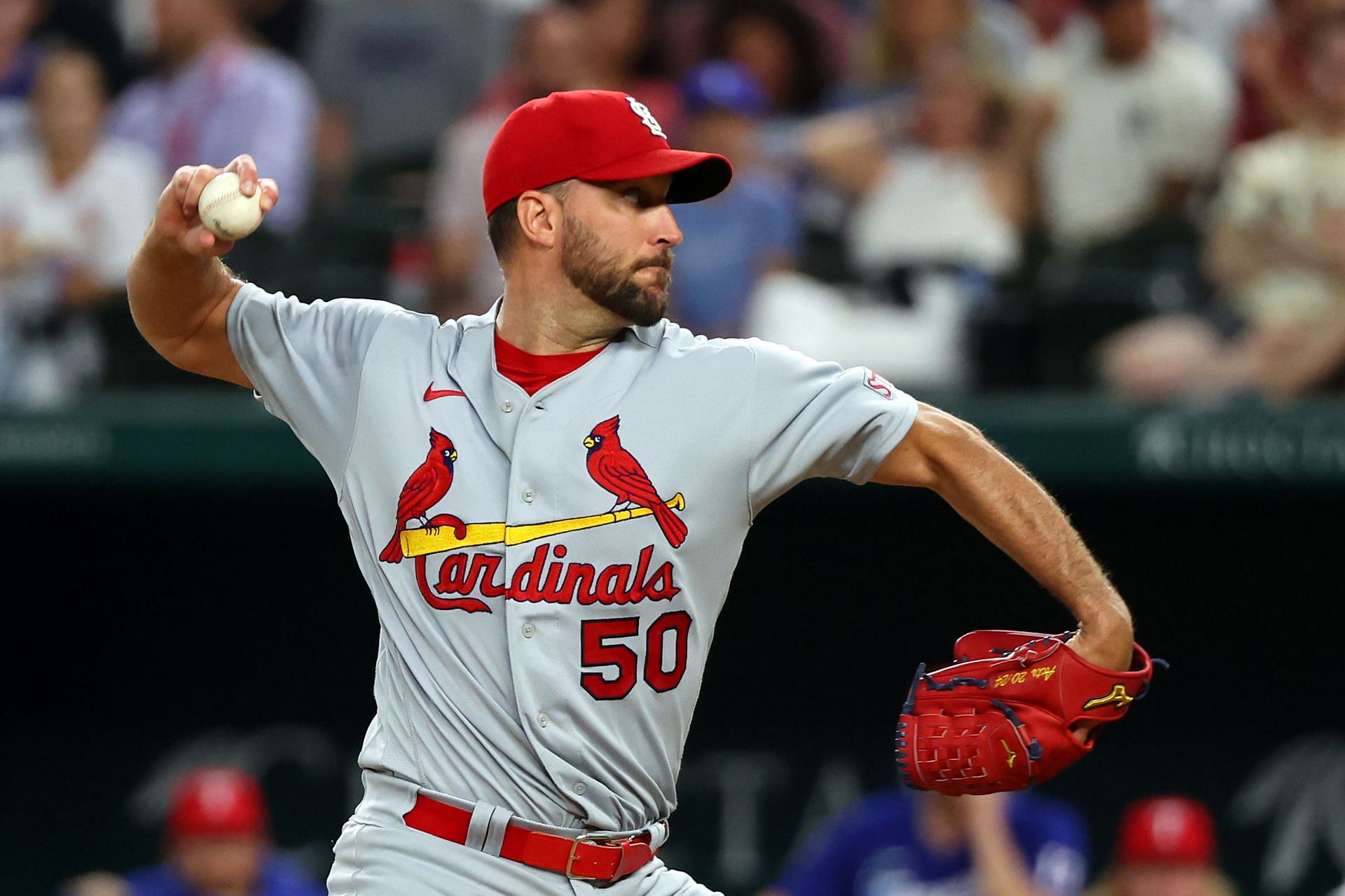 Adam Wainwright #50 of the St. Louis Cardinals pitches