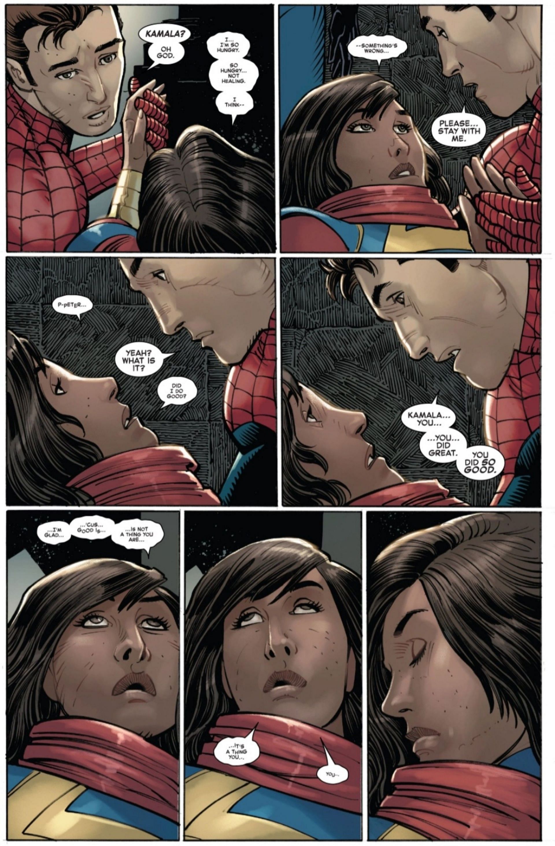 Kamala Khan succumbs to her wounds in Peter&#039;s hands (Image via Marvel Comics)