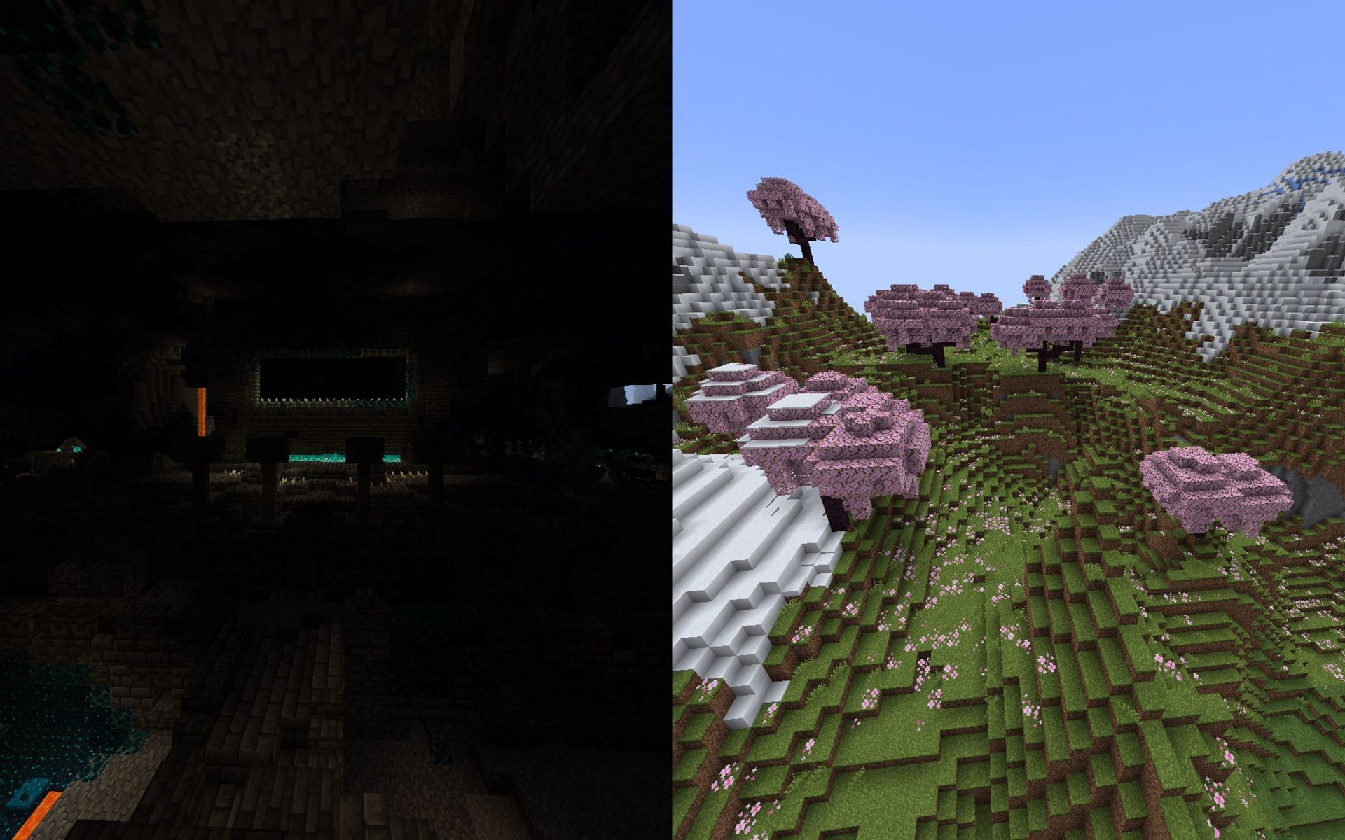 The Ancient City and Cherry Grove biome in this seed (Image via Mojang)