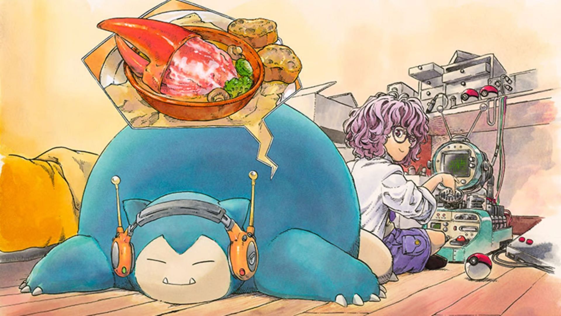 Snorlax is lying on its tummy with a young scientist sitting close by