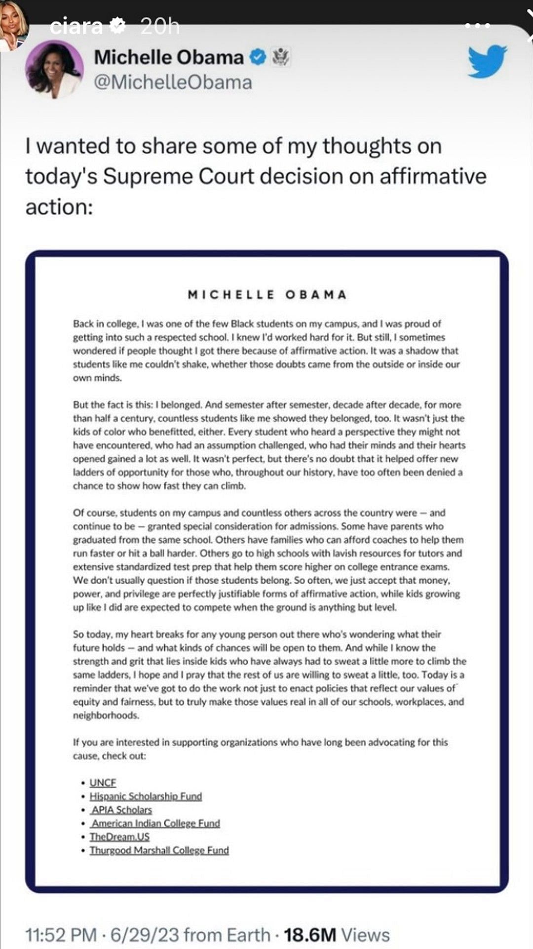 A post from former First Lady Michelle Obama that was re-shared by Ciara Wilson.