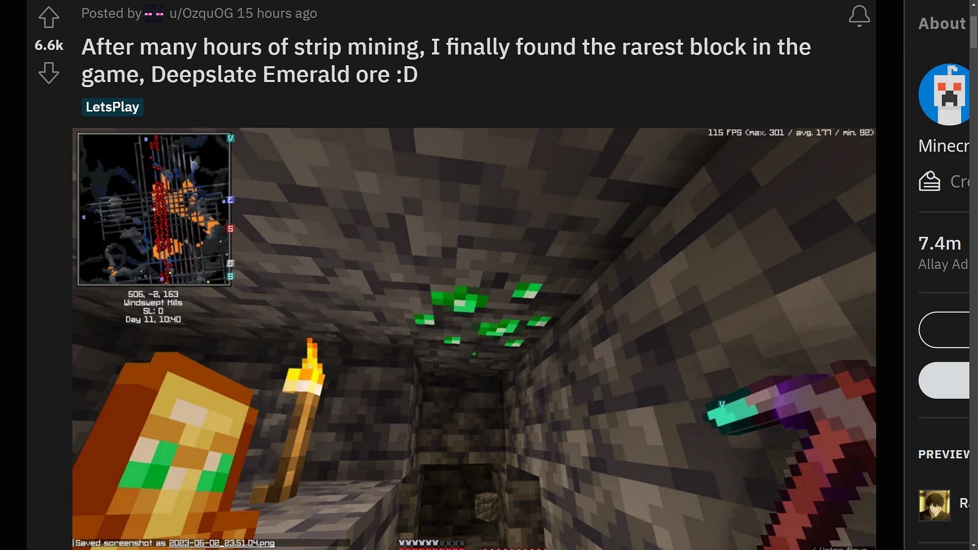 Minecraft Redditor by the name of u/QzquOG found the rarest deepslate emerald ore block in their world (Image via Sportskeeda)