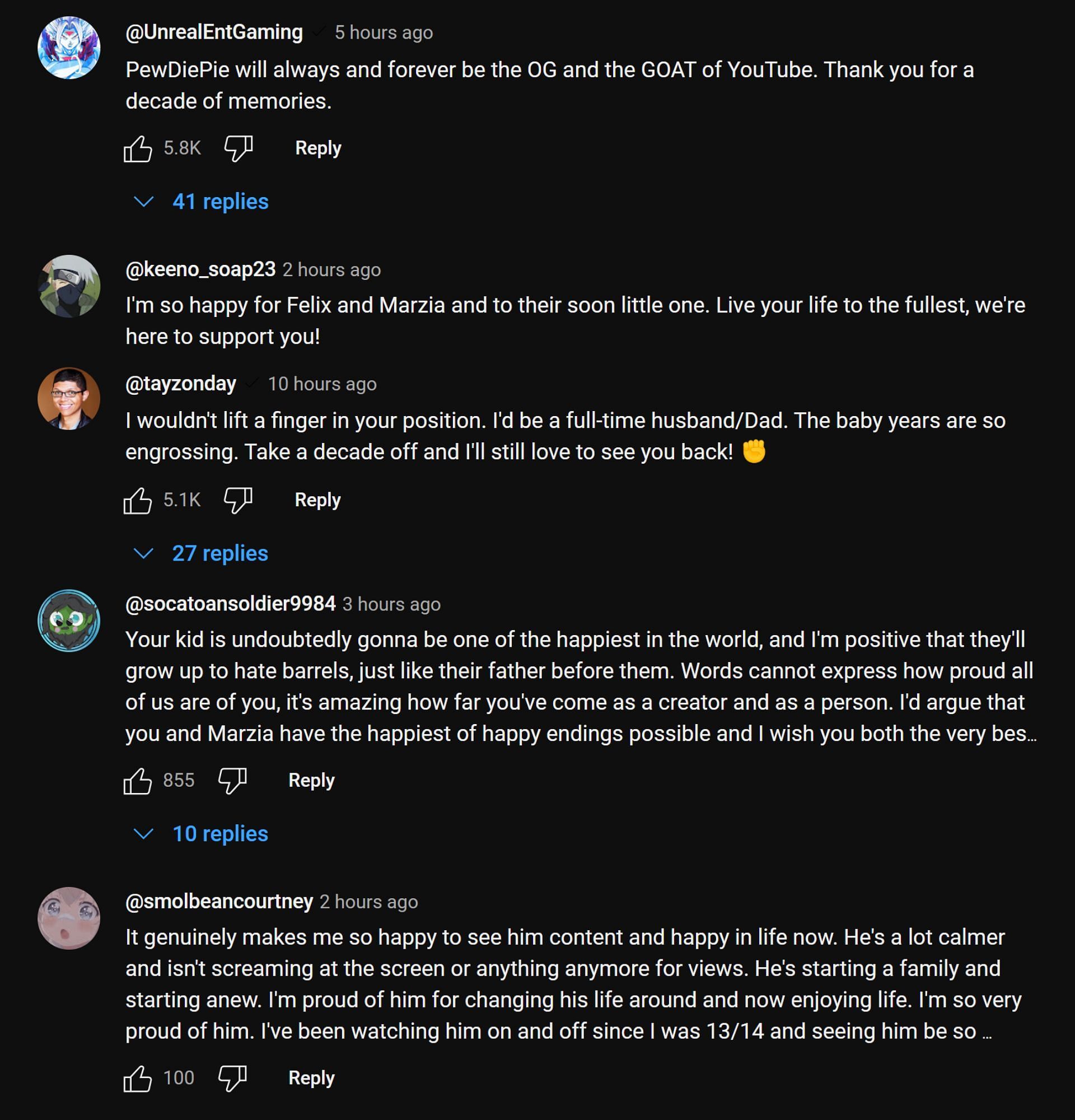 Fans sharing their thoughts on the content creator&#039;s announcement (Image via PewDiePie/YouTube)