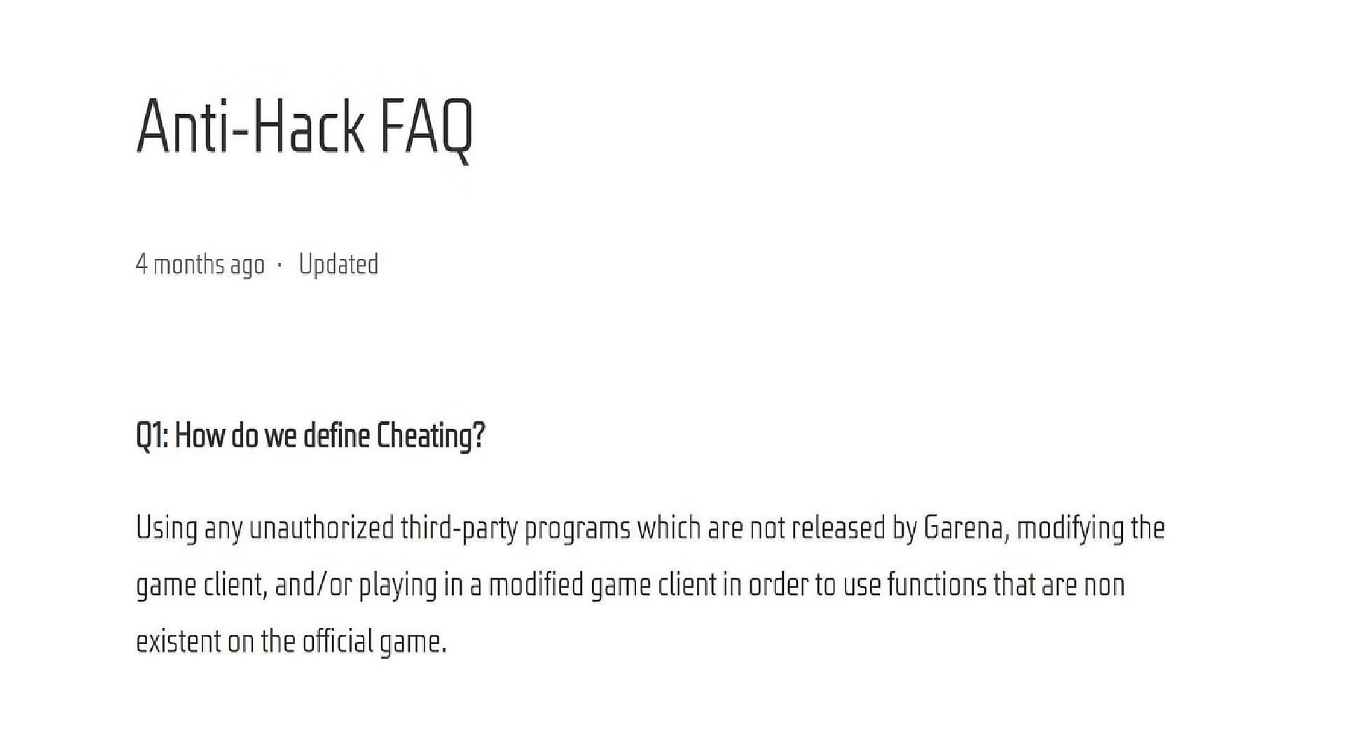 Garena&#039;s Anti-hack policy FAQ (Image via Garena)