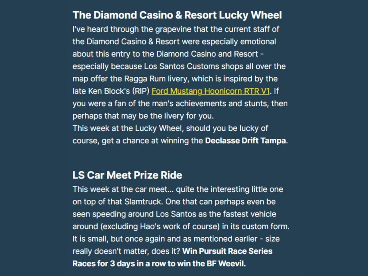 Leaked information about the June 1 weekly update (Image via GTAForums)