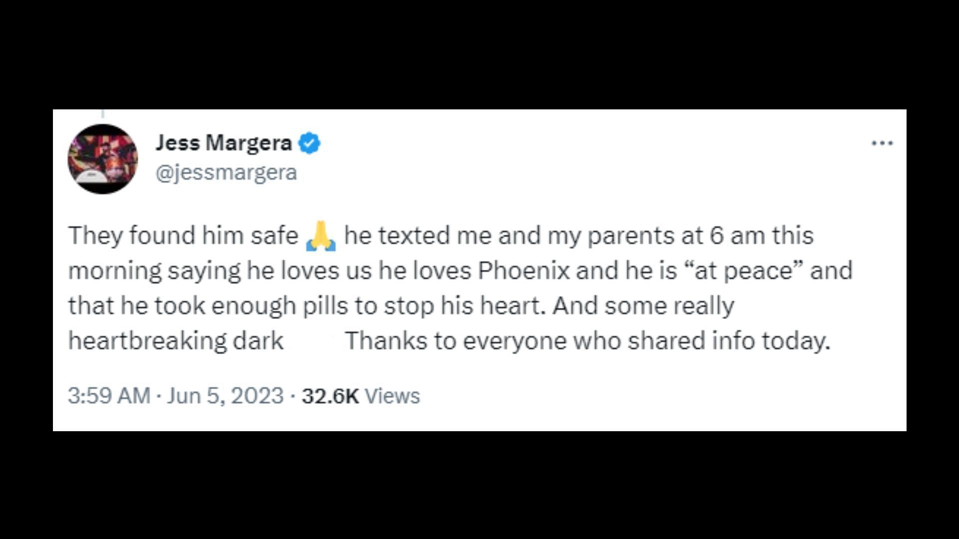 Jess Margera gave an update that his brother has been found (Image via jessmargera/Twitter)