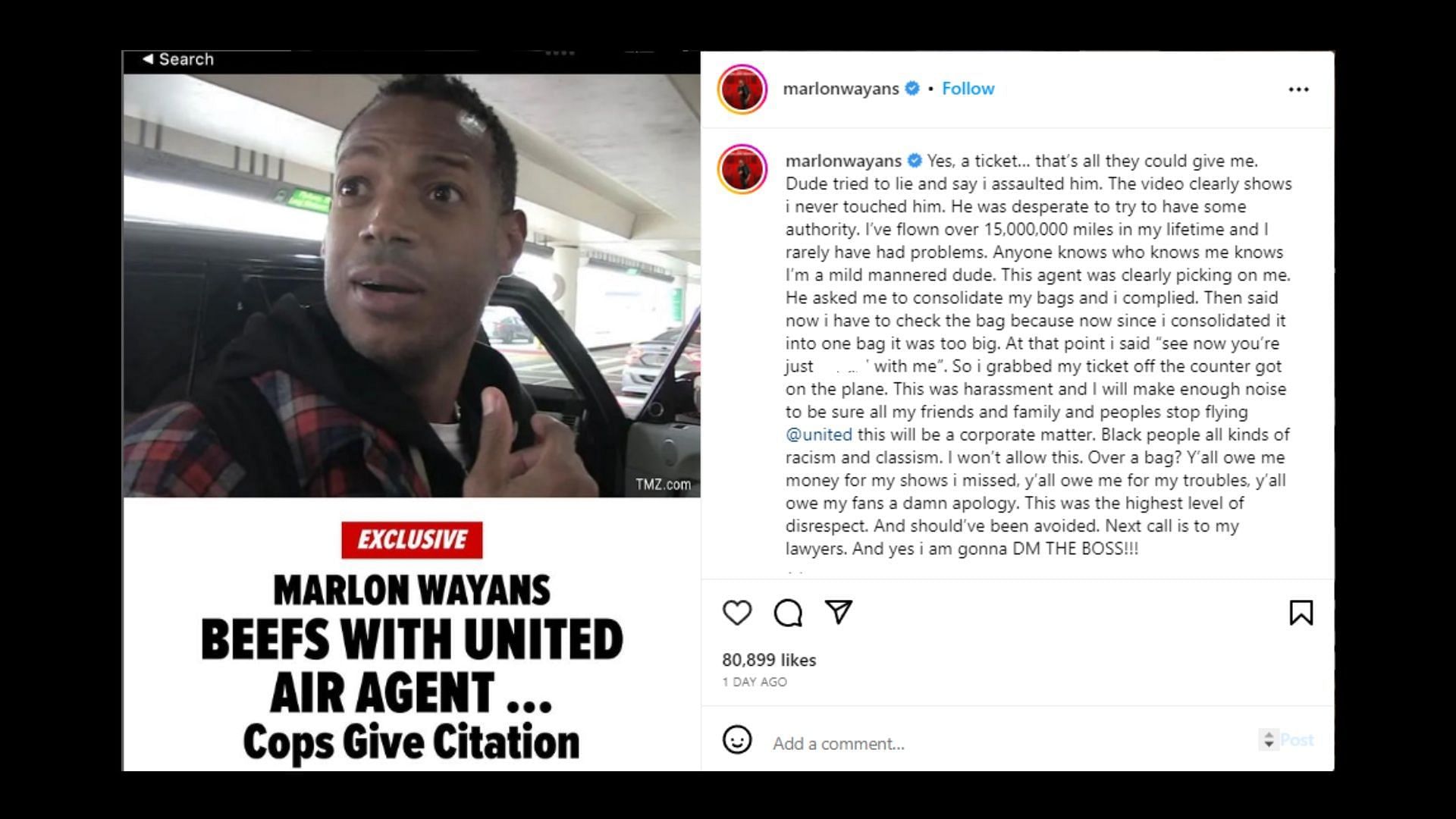 Marlon Wayans shared about his experience inside the flight (Image via marlonwayans/Instagram)