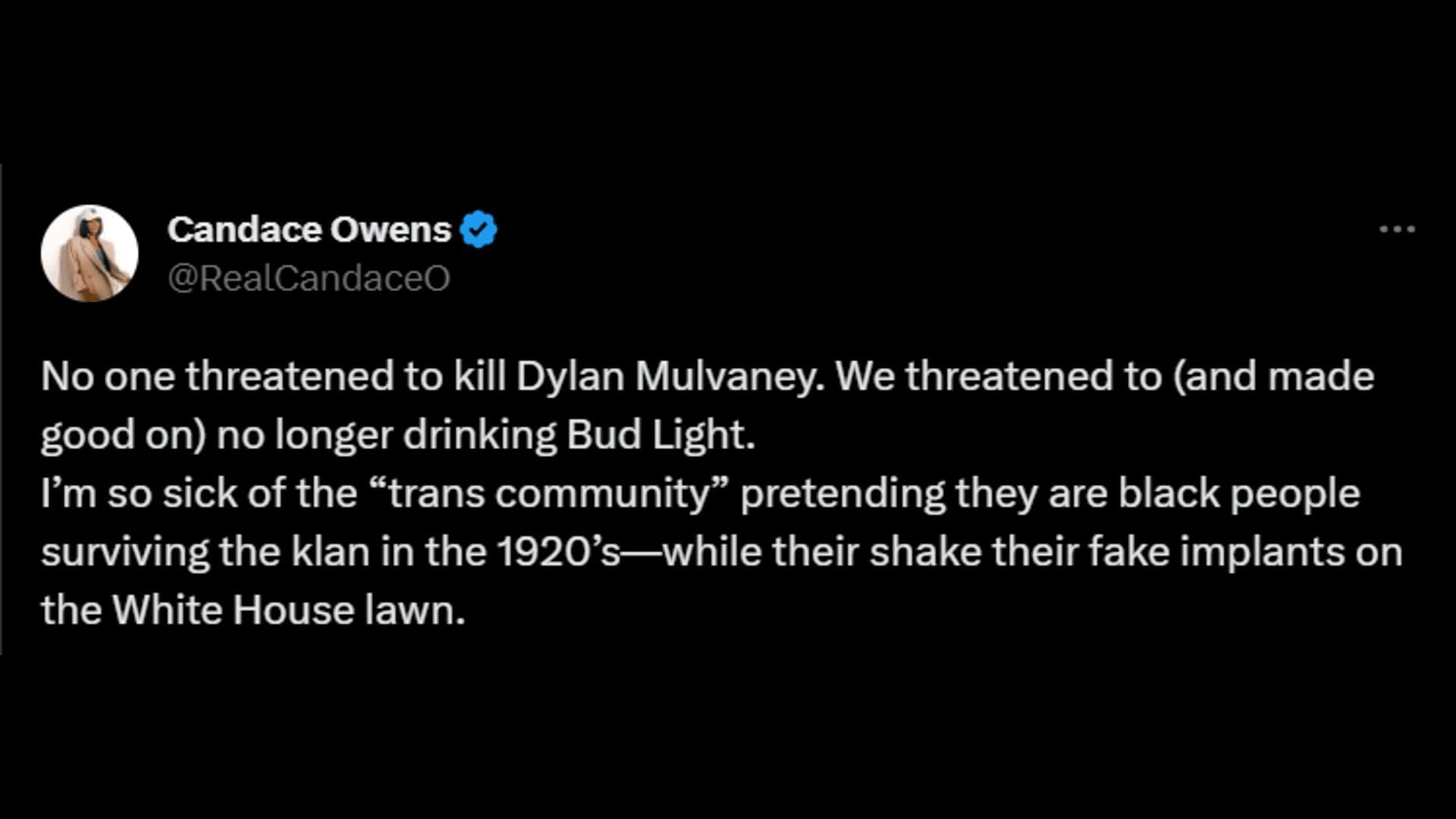 Candace Owens comments on Dylan Mulvaney&#039;s recent statements. (Image via Twitter/Candace Owens)