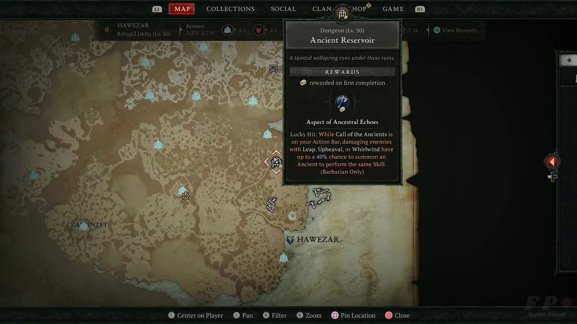Aspect of Ancestral Echoes location on the Diablo 4 map (Image via YouTube: FP Good Game)