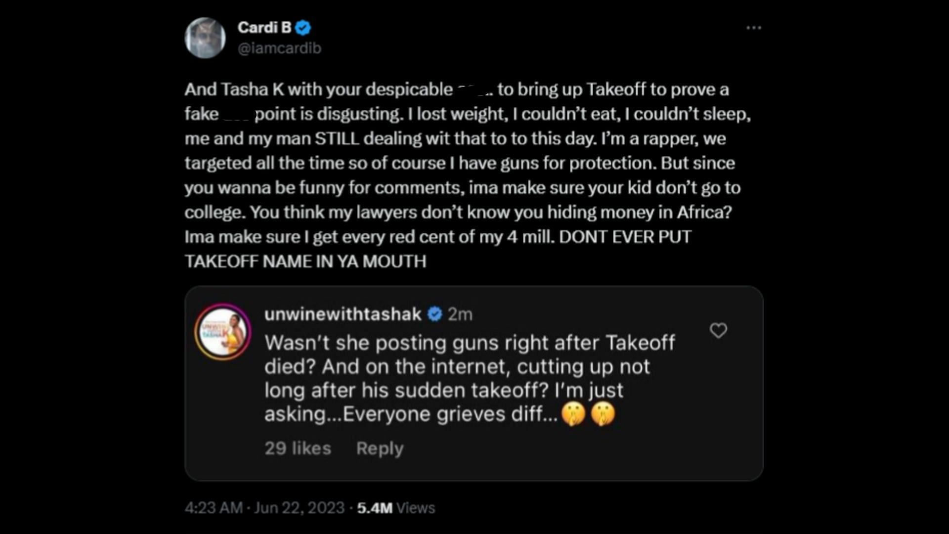 Screenshot of Cardi&#039;s tweet slamming Tasha K.