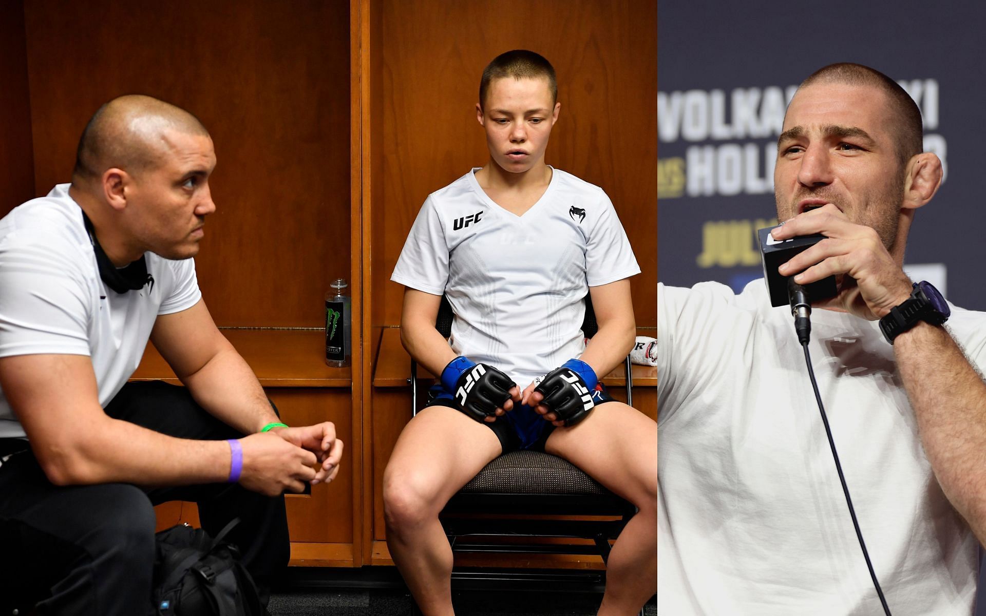 Rose Namajunas and Pat Barry (Left), Sean Strickland (Right) [Image courtesy: @MMAFighting on Twitter, Getty]