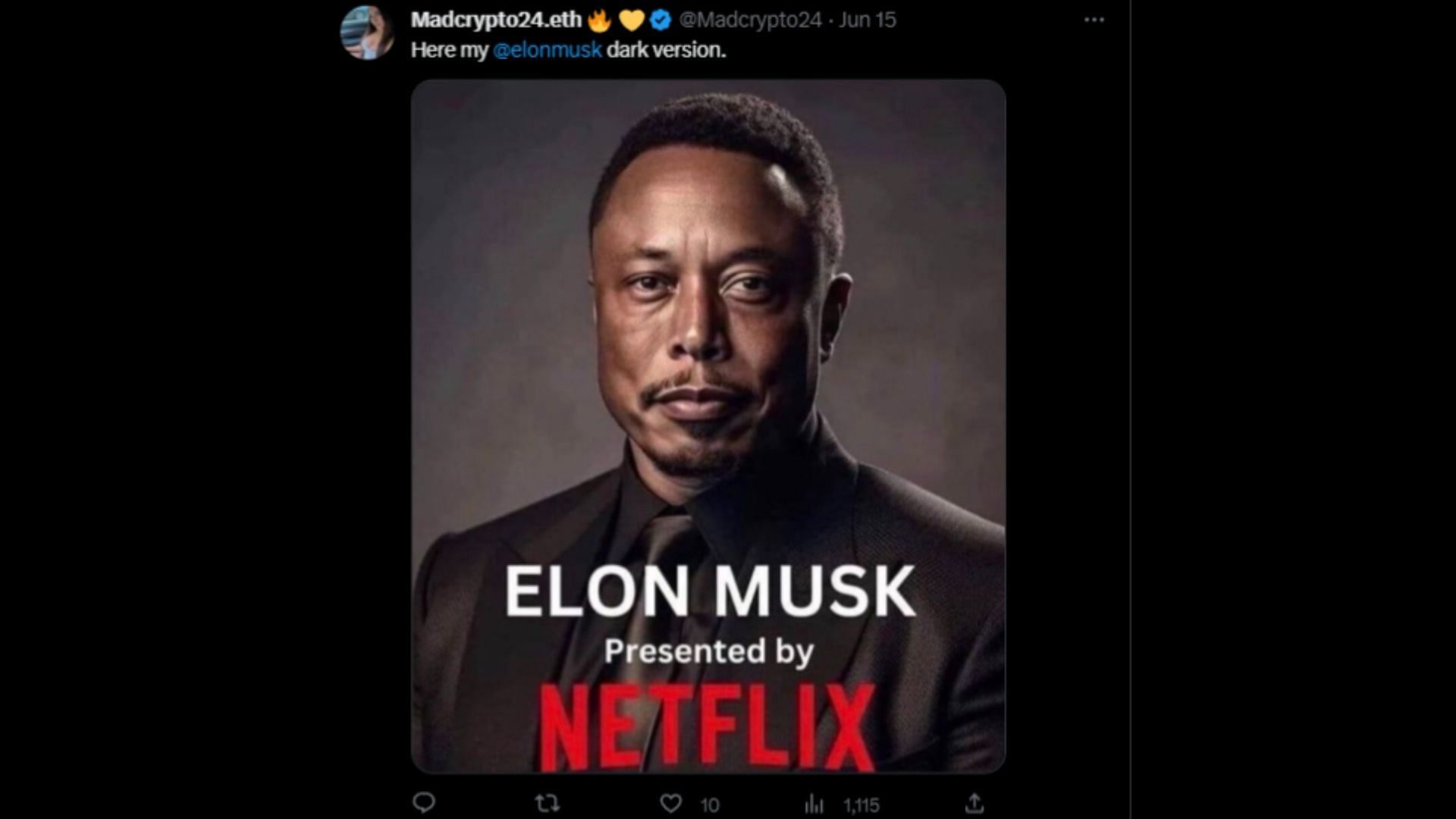 Screenshot of a Twitter user remarking on black Musk on Netflix&#039;s fake poster. (Photo via @FFVV1211/Twitter)