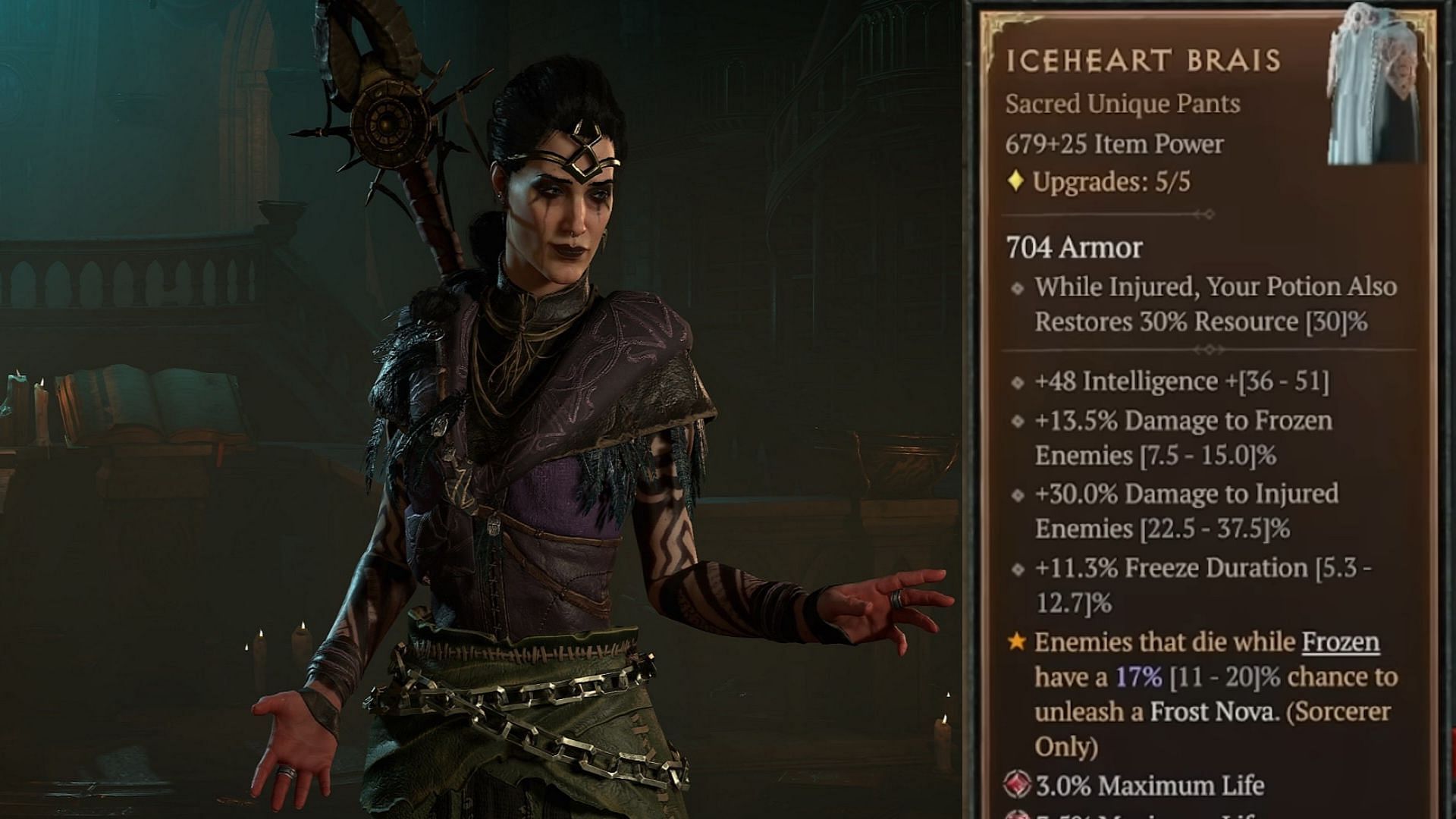 Iceheart Brais is a Unique item for the Sorcerer in Diablo 4 (Image via Blizzard Entertainment)