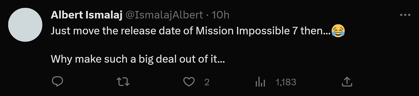 A tweet reply to DF&#039;s post about Crusie&#039;s appeal about Mission Impossible 7 (Image via Twitter)