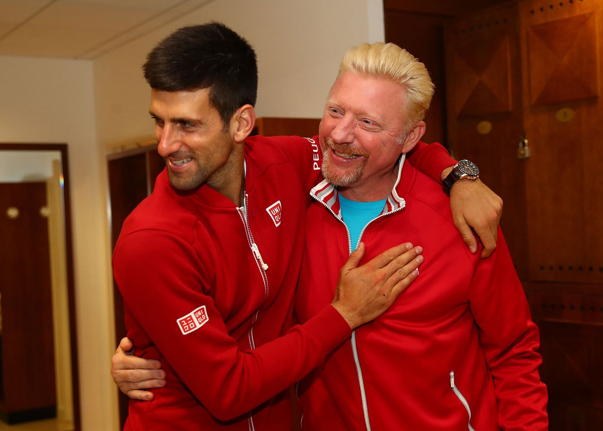 Novak Djokovic (L) and Boris Becker after the 2016 French Open final