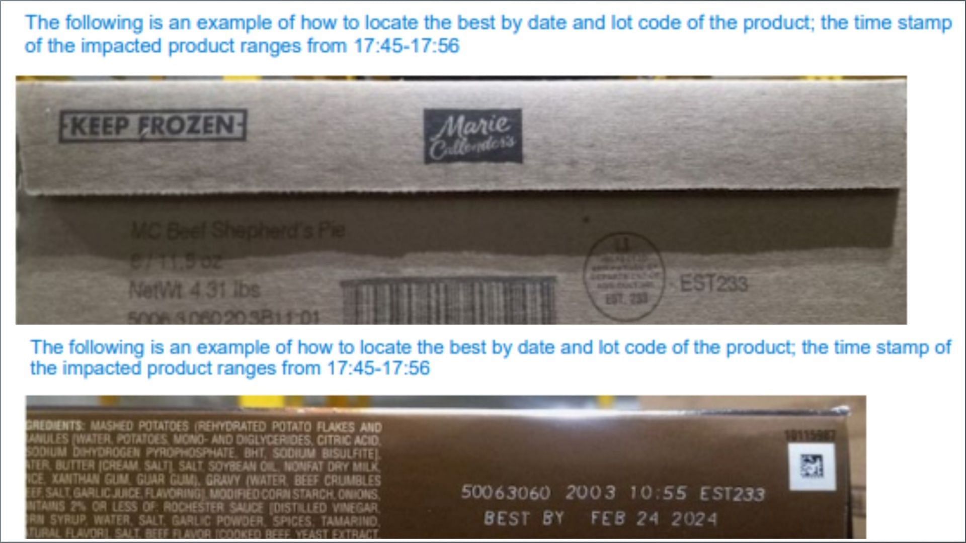 Marie Callender recall Reason, affected lot number, and all you need