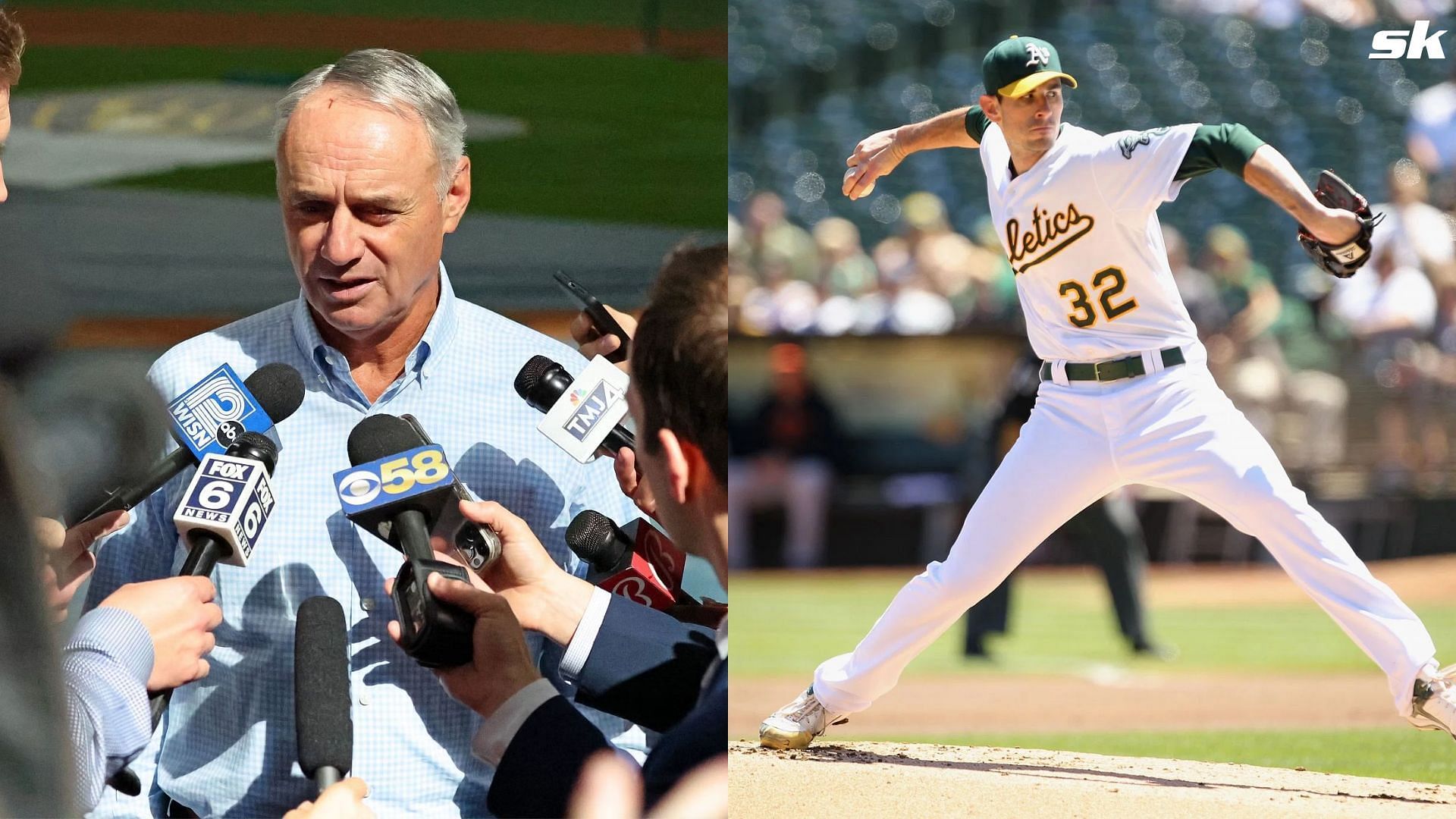 Rob Manfred during a media outing and Brandon McCarthy during his time with the Oakland Athletics.