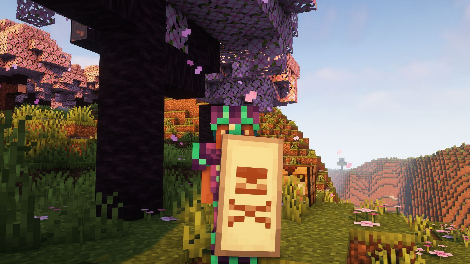 A player with a brown skull charge pattern on their shield (Image via Mojang)