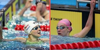 Katie Ledecky reacts to Jillian Cox finishing second and qualifying for Worlds team