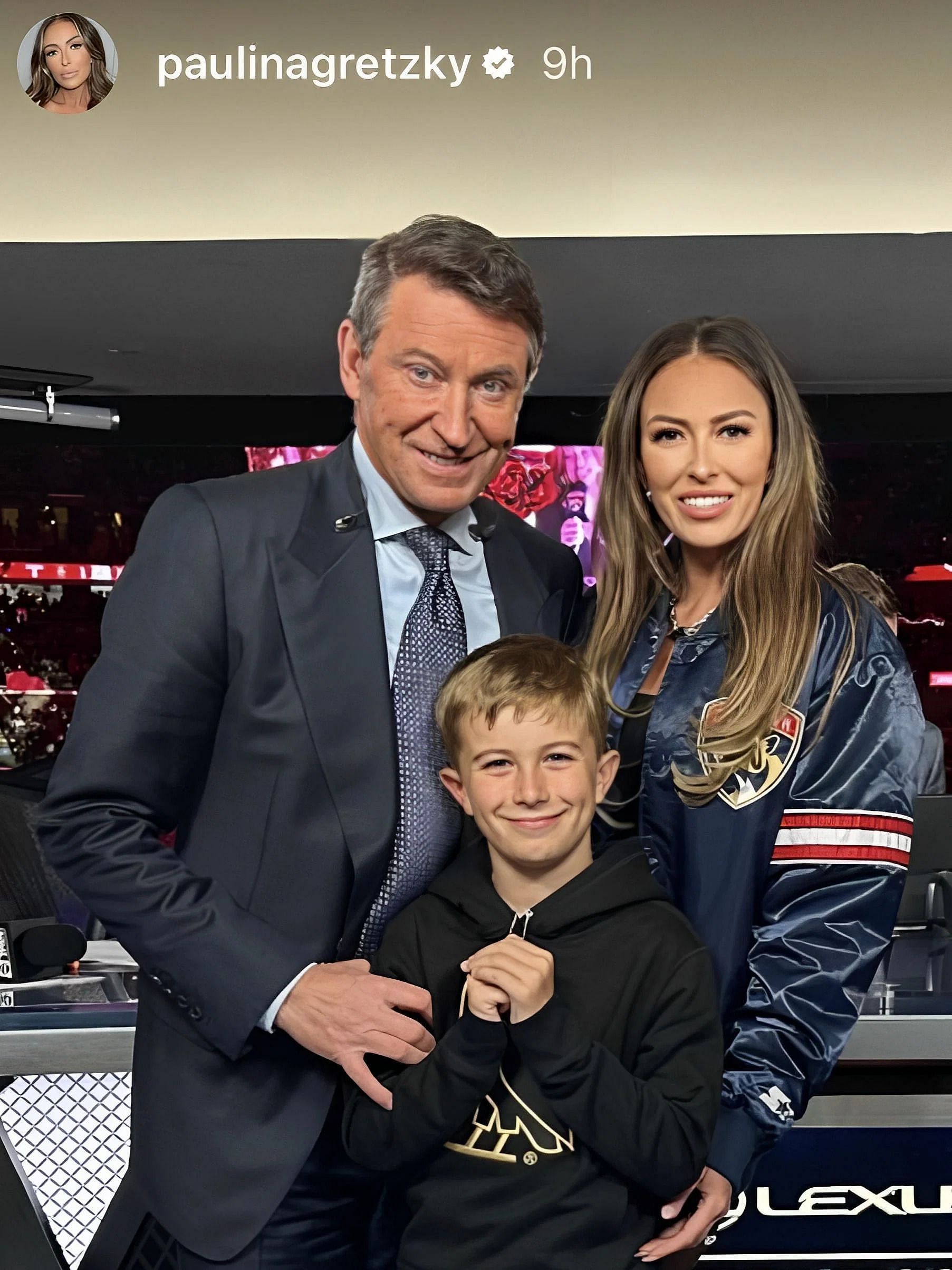 Paulina Gretzky&#039;s snapshot of herself, her father, and her son in the TNT studio
