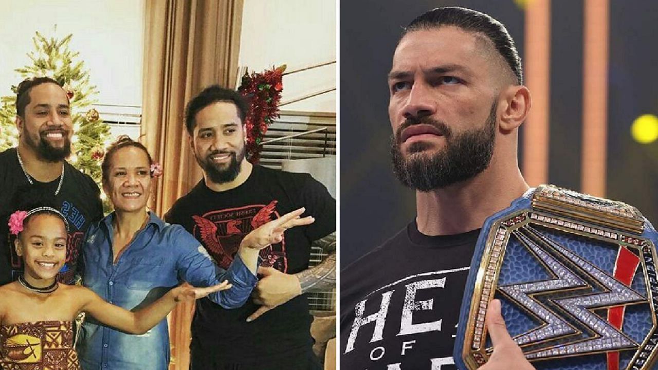 The Usos with their mom (left); Roman Reigns (right)