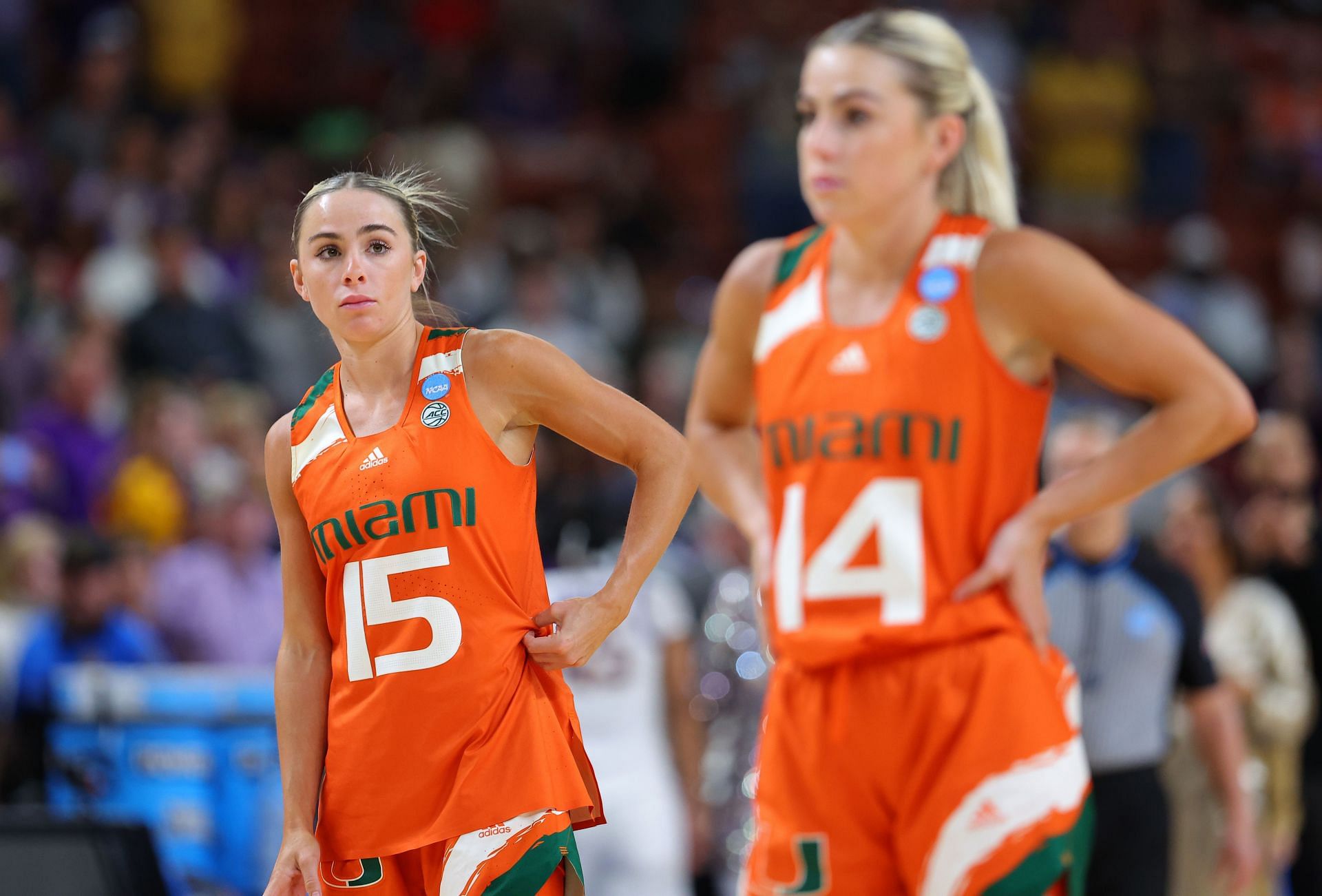 Hanna Cavinder #15 and Haley Cavinder #14 of the Miami Hurricanes