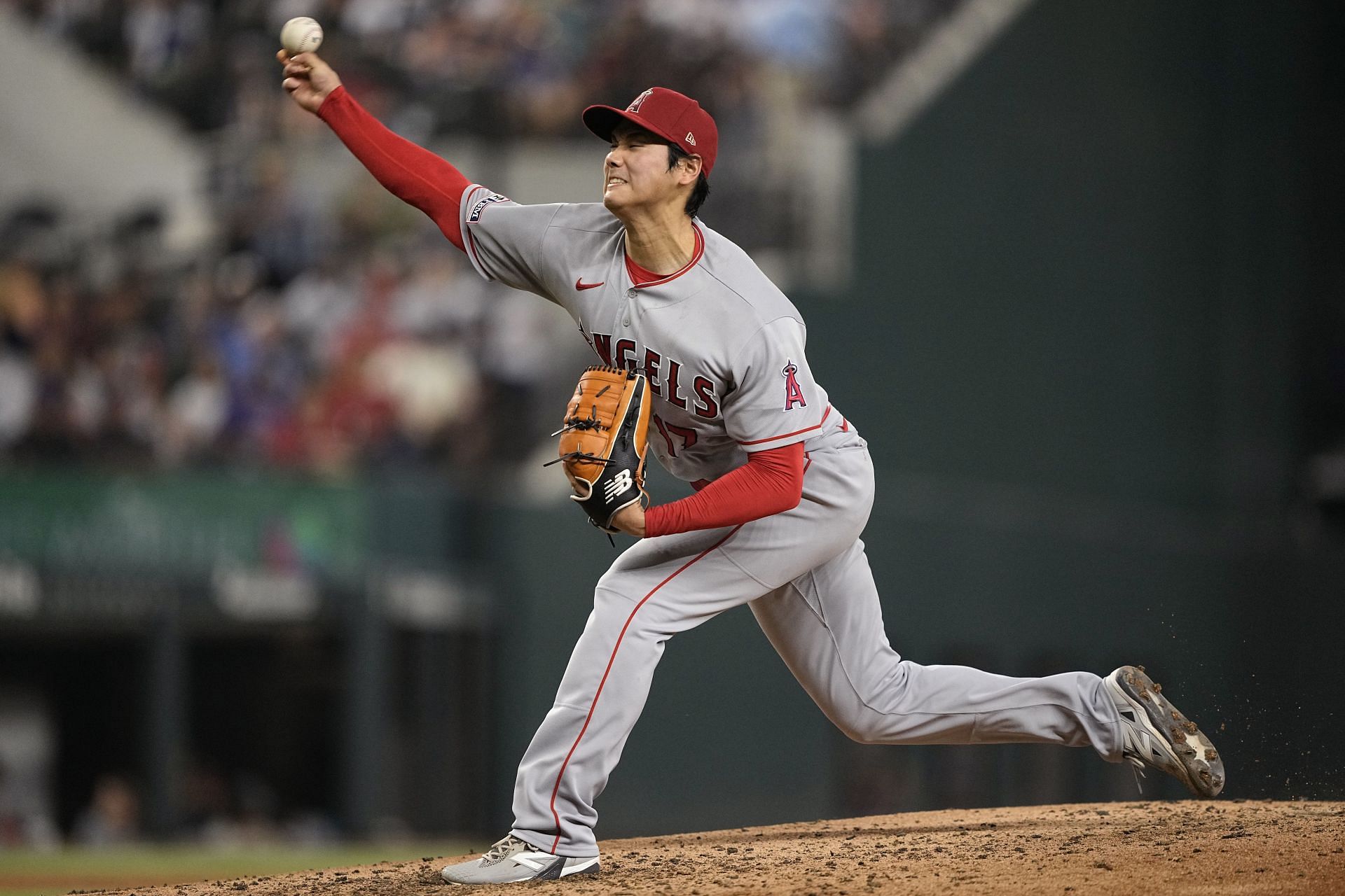 Shohei Ohtani of the Los Angeles Angels pitches against the Texas Rangers at Globe Life Field