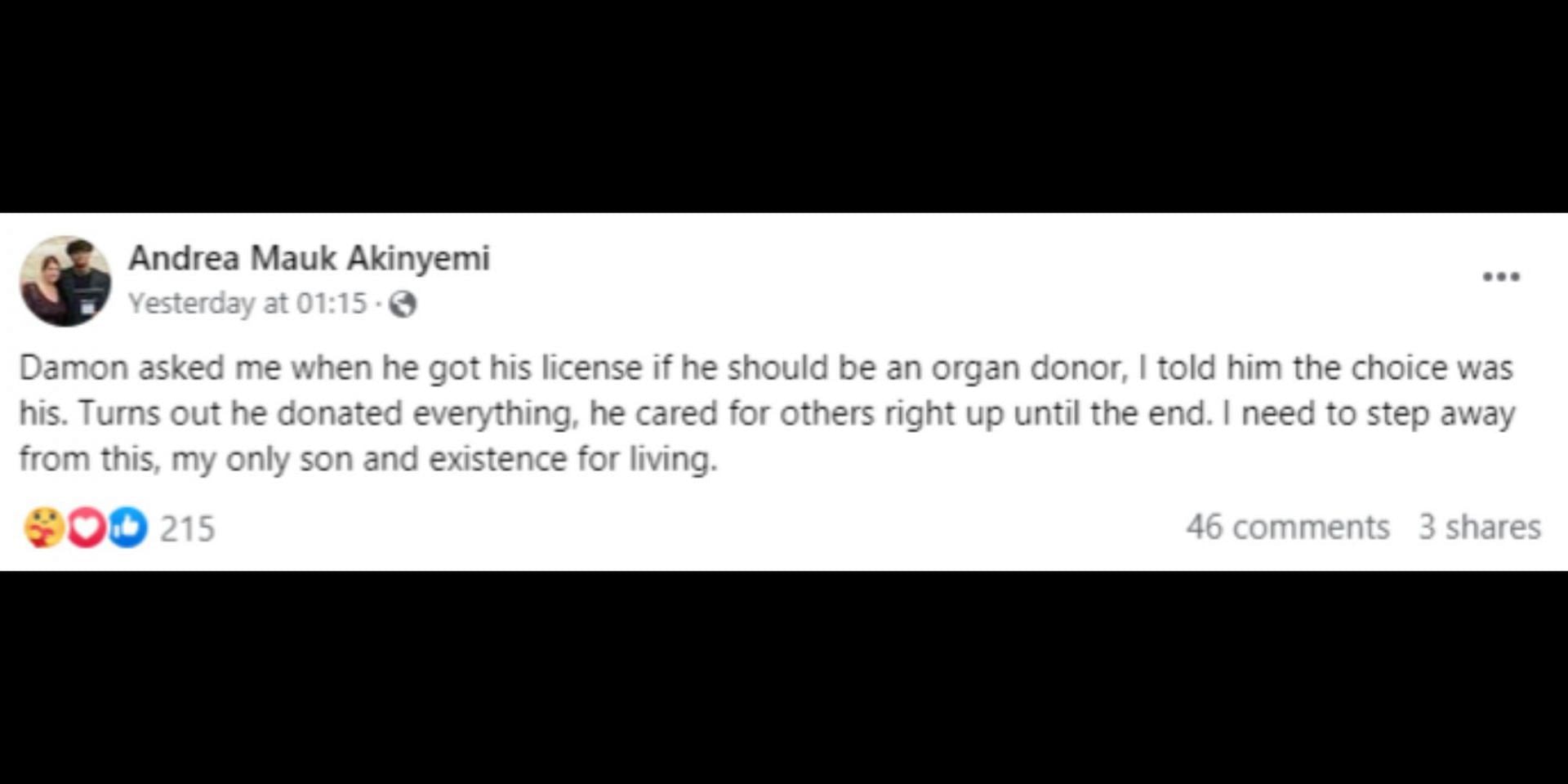 Damon&#039;s mother shared that her son donated his organs. (Image via Facebook/Andrea Mauk Akinyemi)