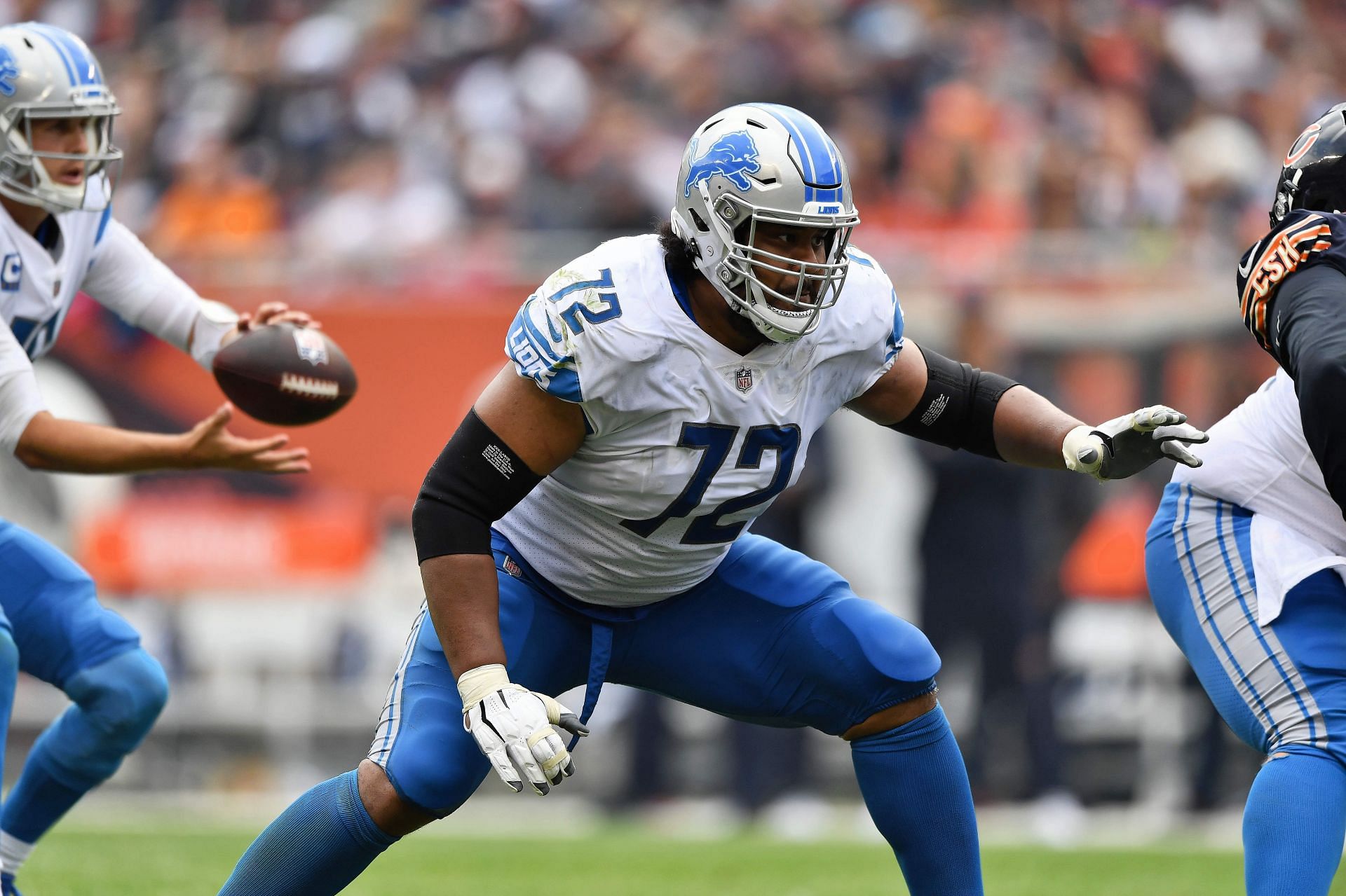 Halapoulivaati Vaitai #72 of the Detroit Lions blocks against the Chicago Bears at Soldier Field on October 03, 2021