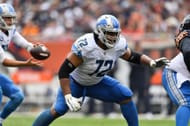 Halapoulivaati Vaitai #72 of the Detroit Lions blocks against the Chicago Bears at Soldier Field on October 03, 2021