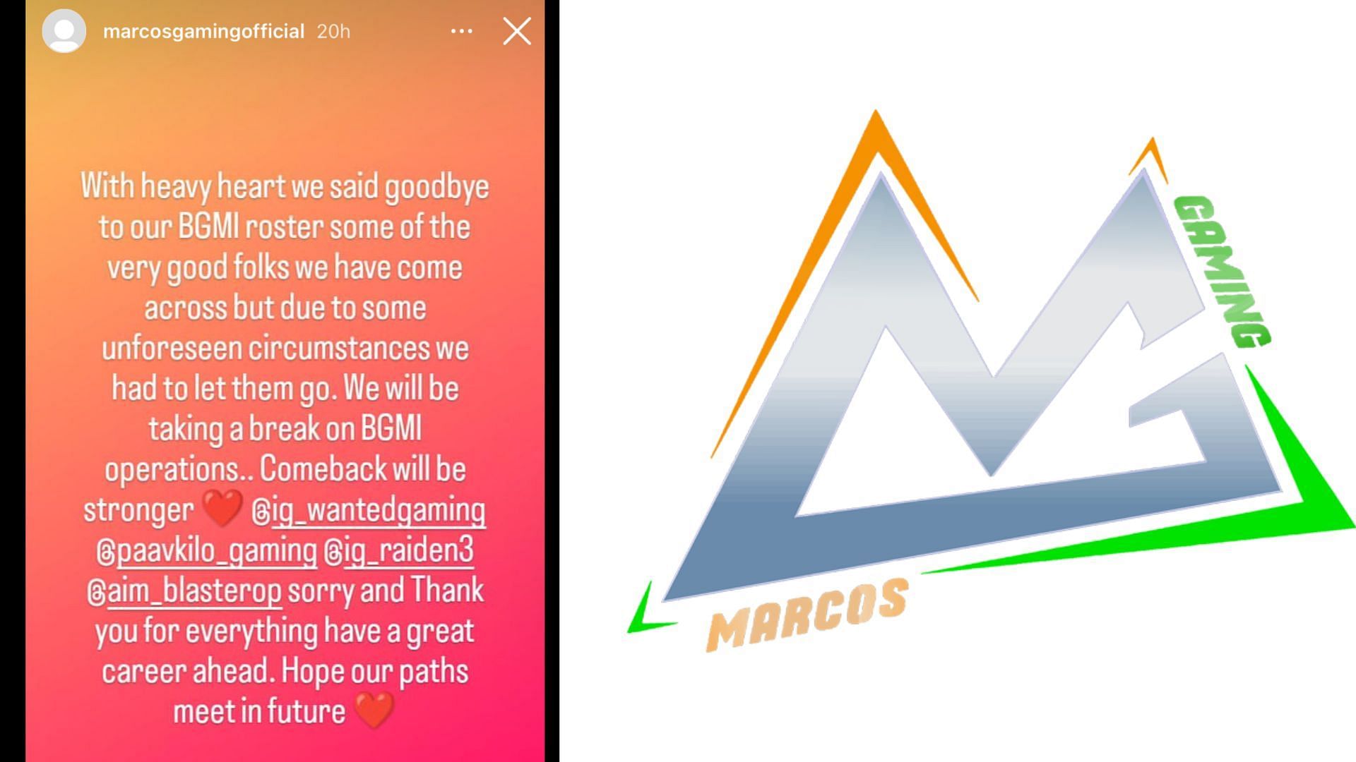 Marcos Gaming bids farewell to Battlegrounds Mobile India squad (Image via Marcos Gaming/Instagram)