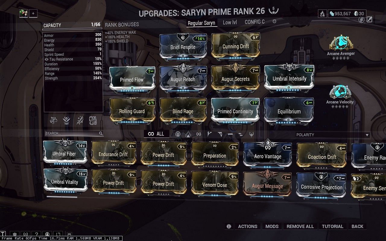 Standard build in Warframe that uses shield gating to stay alive (image via Digital Extremes)