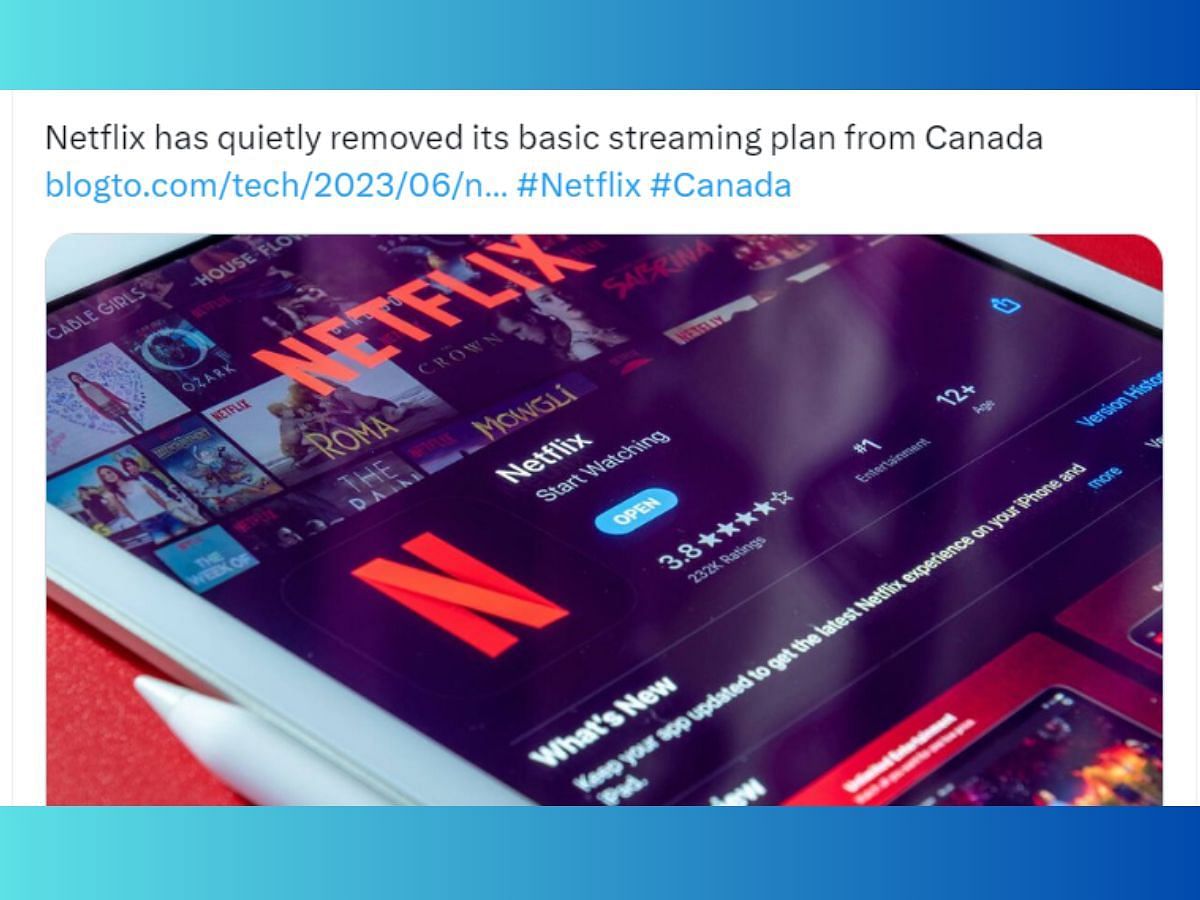 A still of the Twitter post by blogTO on the news of Netflix removing their basic tier from Canada (Image Via Twitter)