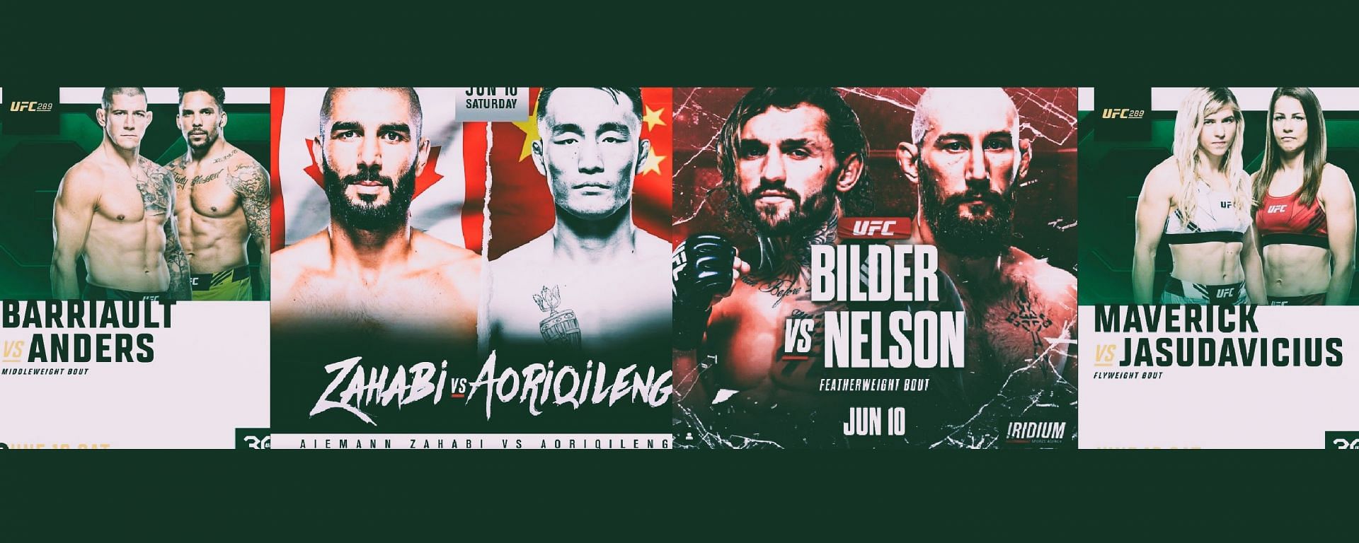 Canadian fighters Marc Andre-Barriault, Aiemann Zahabi, Kyle Nelson, and Jasmine Jasudavicius will fight at UFC 289 [Images via @erykanders, @aiemannzahabi, @iridiumsportsagency &amp; @fearthemaverick on Instagram]